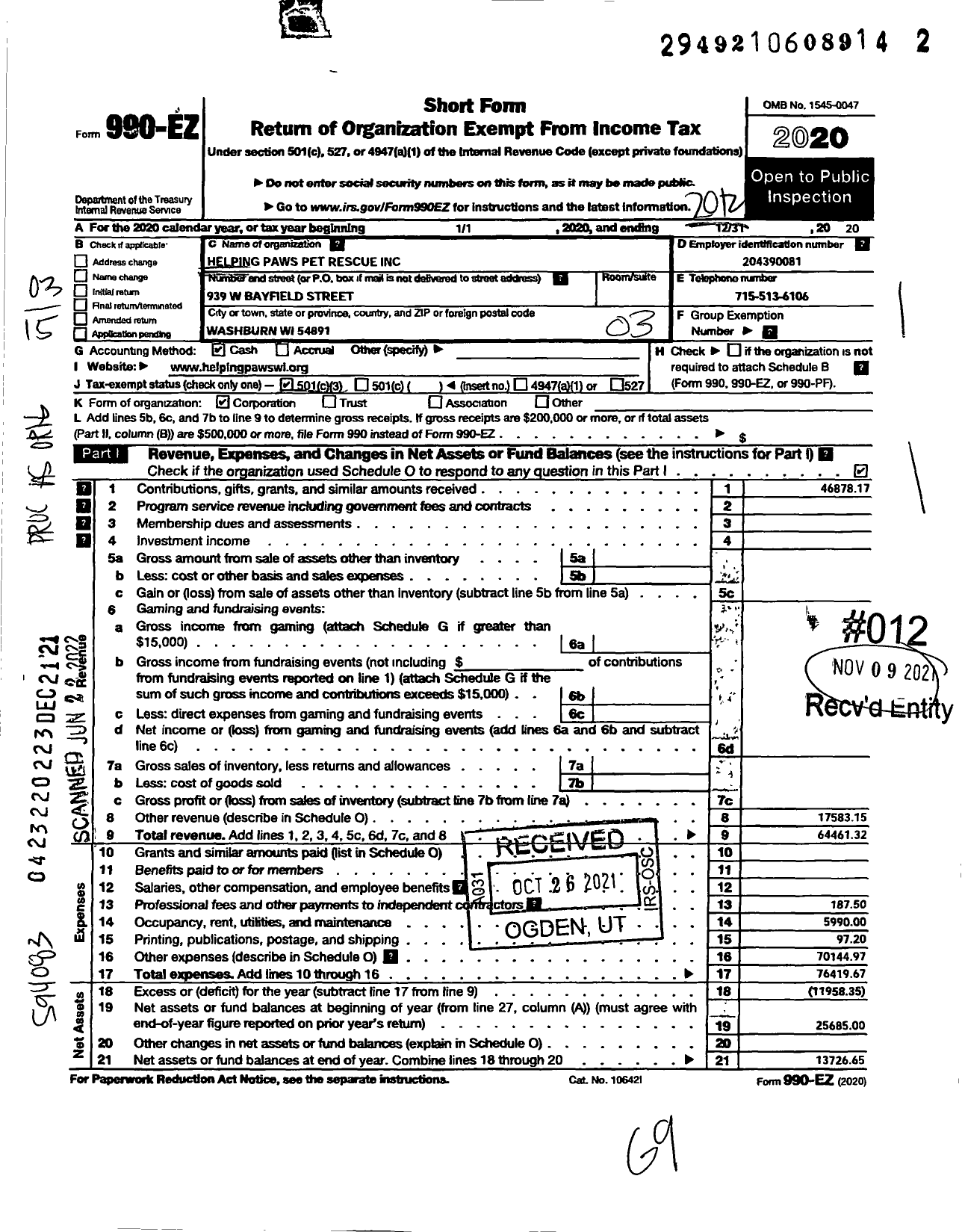 Image of first page of 2020 Form 990EZ for Helping Paws Pet Rescue