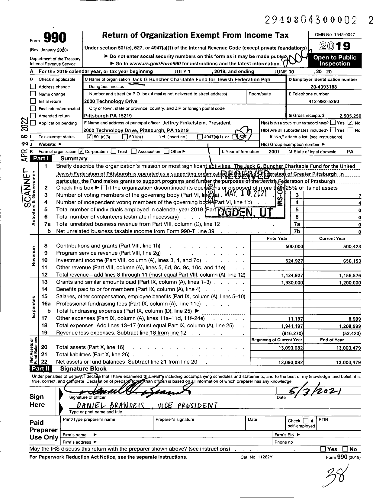 Image of first page of 2019 Form 990 for Jack G Buncher Charitable Fund Forthe United Jewish Federation of PGH