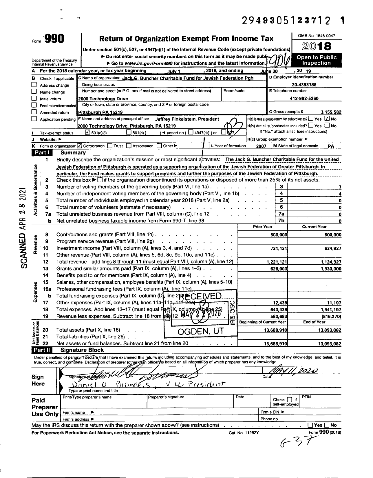 Image of first page of 2018 Form 990 for Jack G Buncher Charitable Fund Forthe United Jewish Federation of PGH