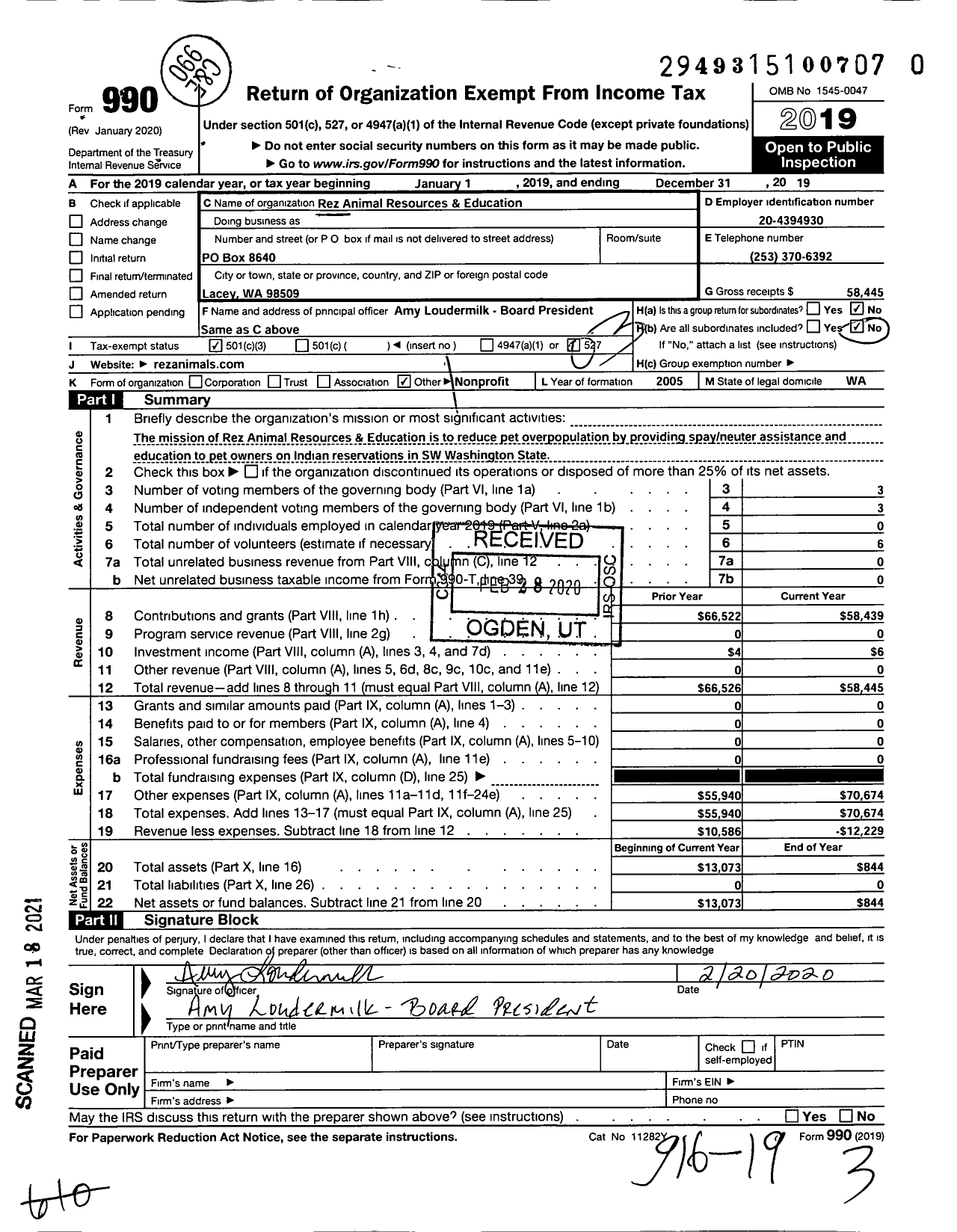 Image of first page of 2019 Form 990 for Rez Animal Resources & Education