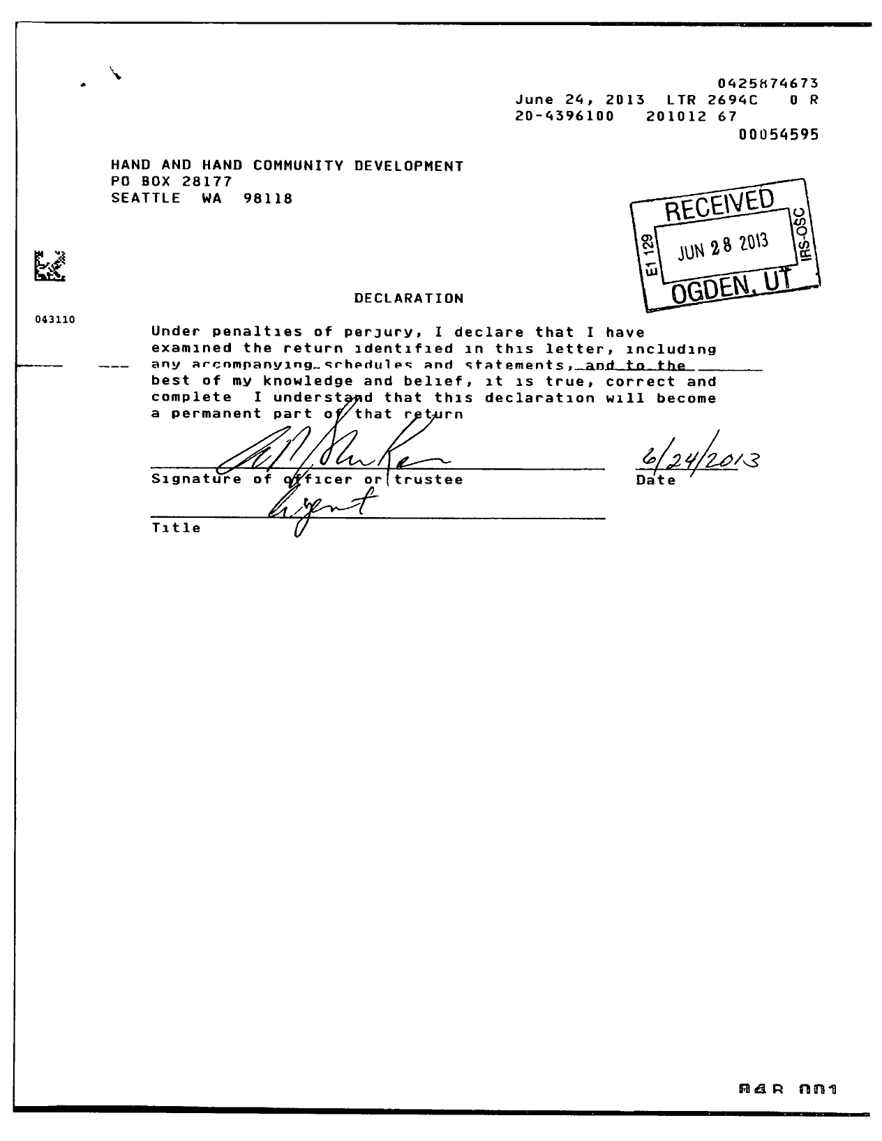 Image of first page of 2009 Form 990R for Hand and Hand Community Development
