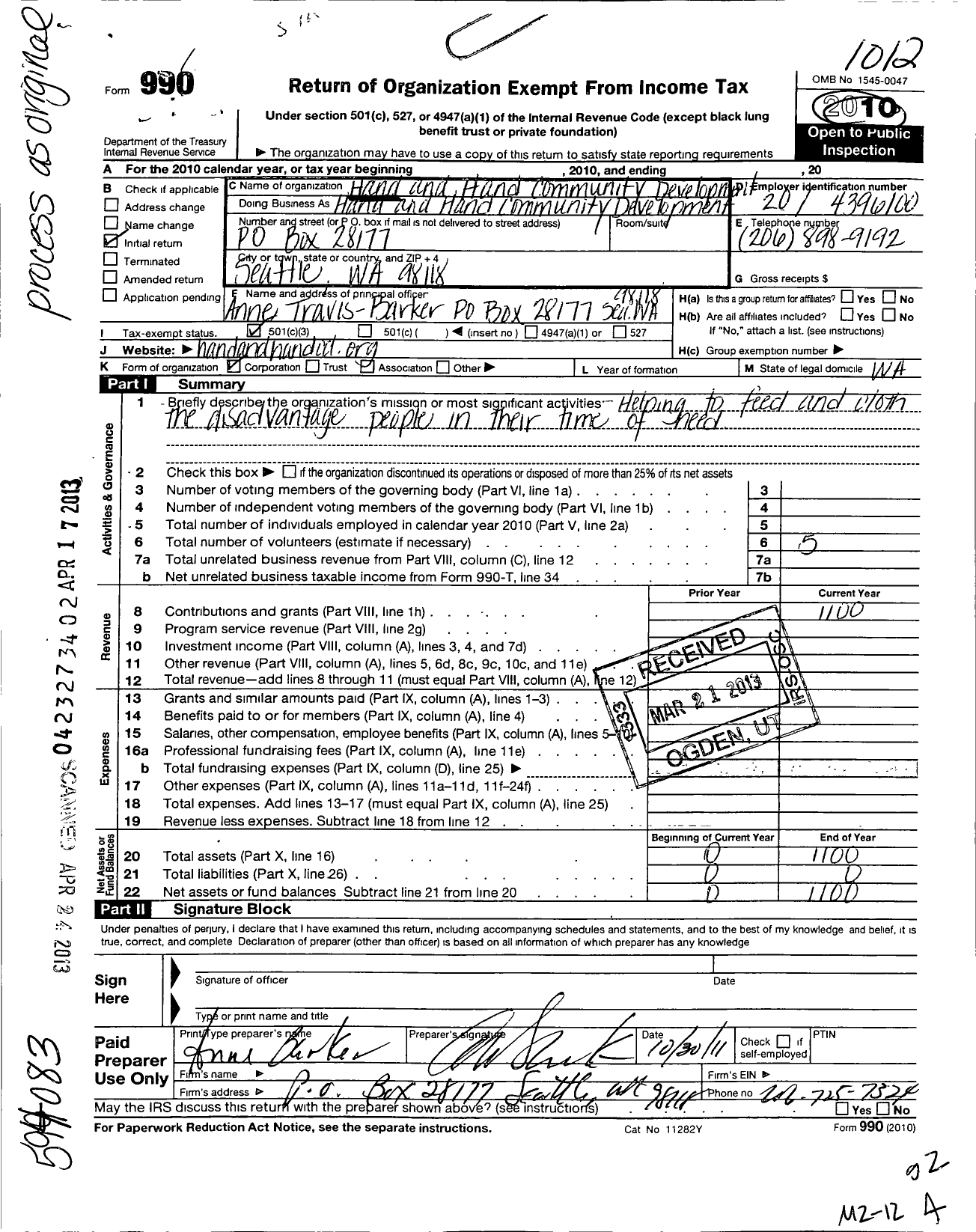 Image of first page of 2010 Form 990 for Hand and Hand Community Development
