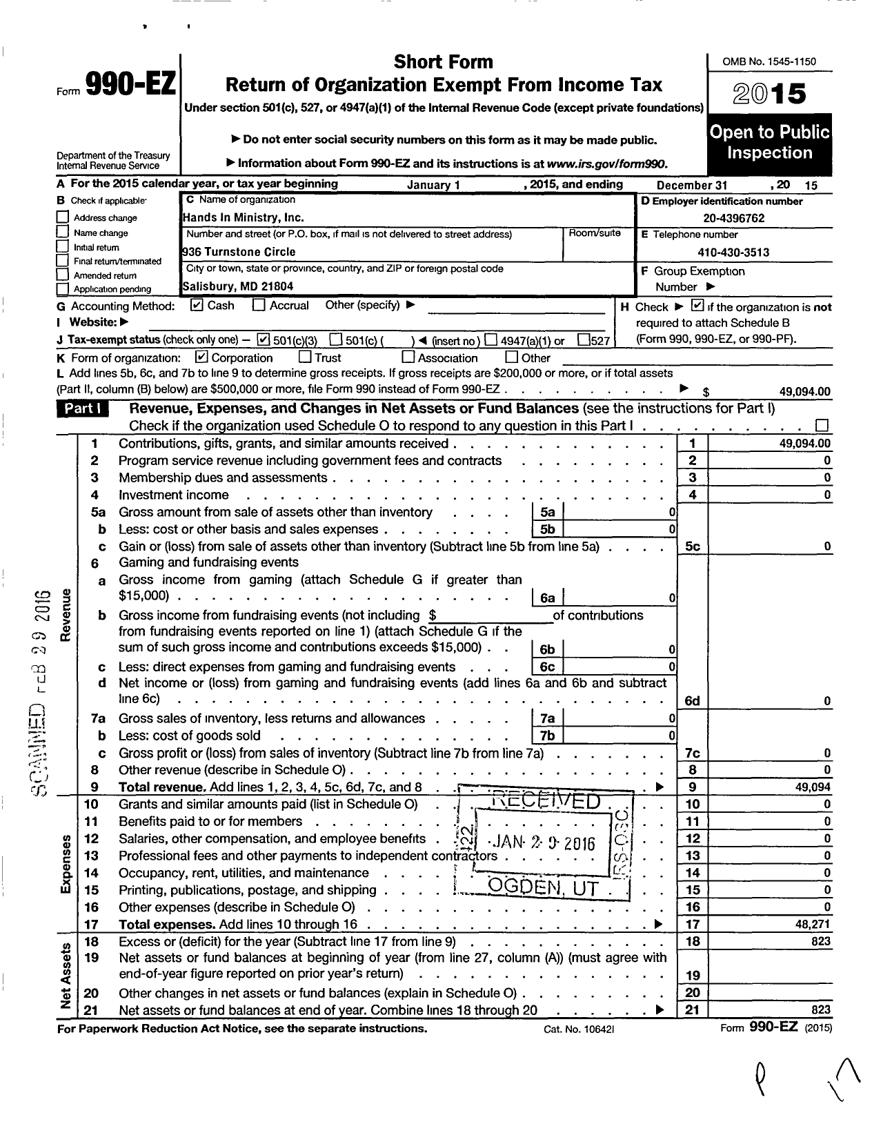 Image of first page of 2015 Form 990EZ for Hands in Ministry