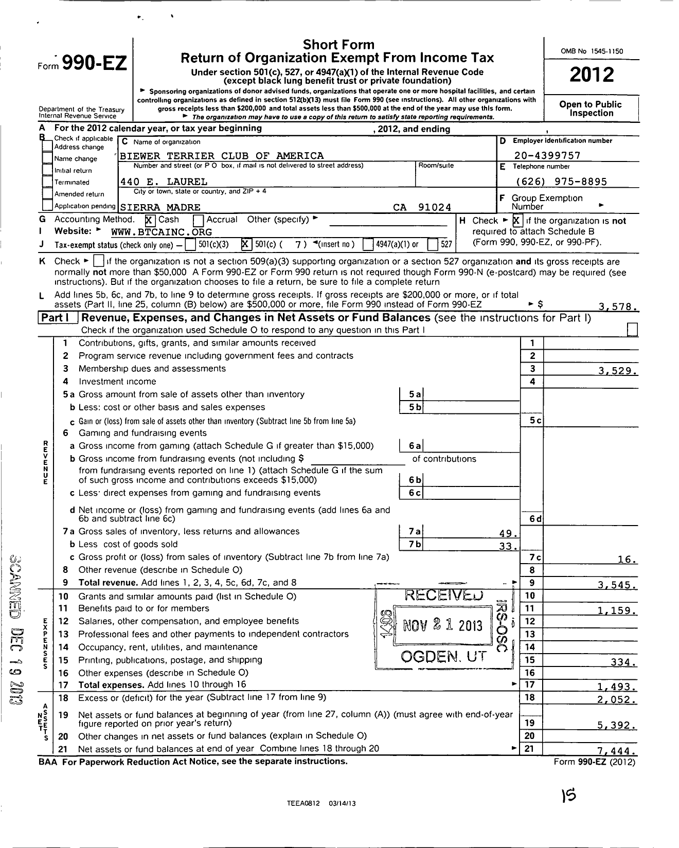 Image of first page of 2012 Form 990EO for Biewer Terrier Club of America