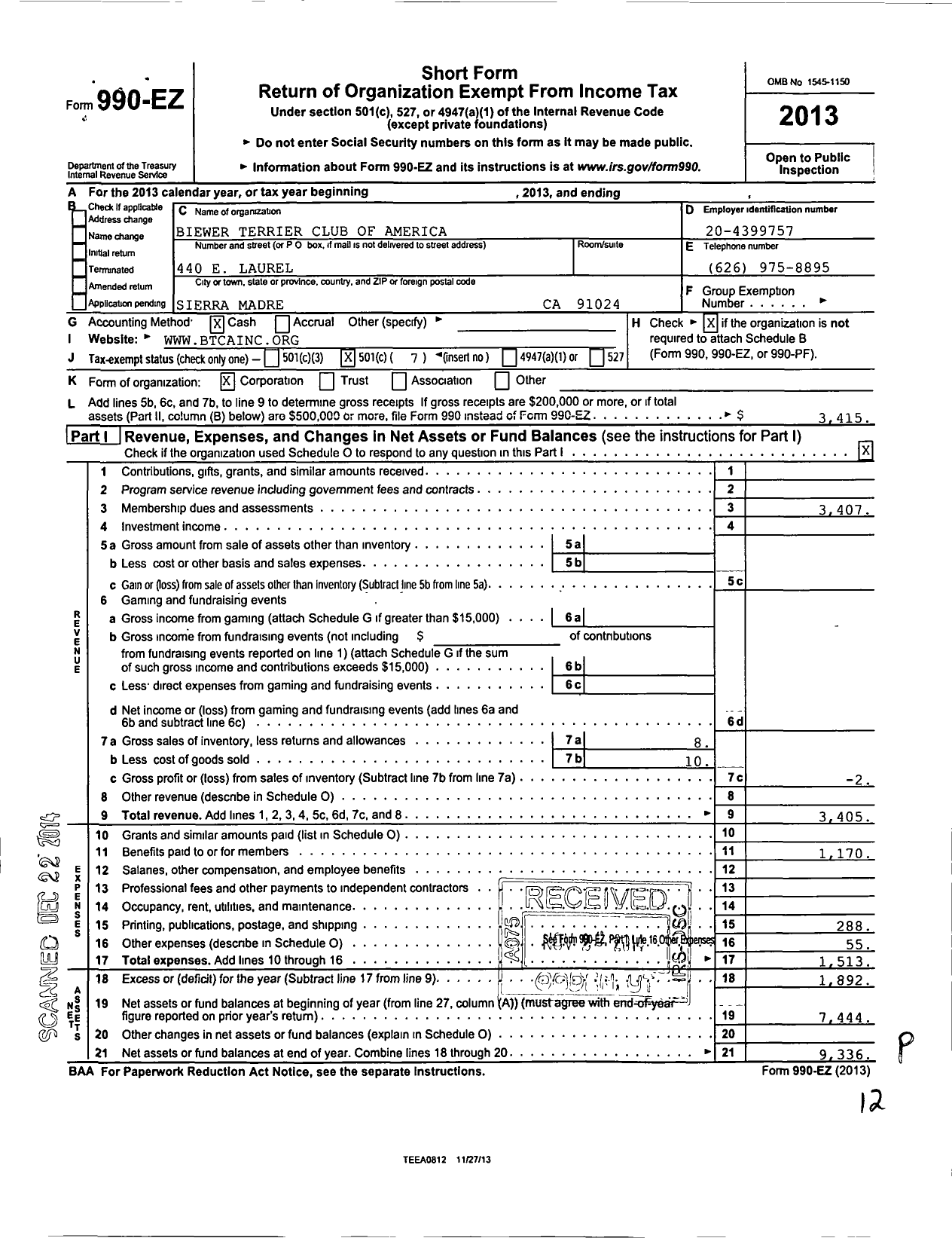 Image of first page of 2013 Form 990EO for Biewer Terrier Club of America