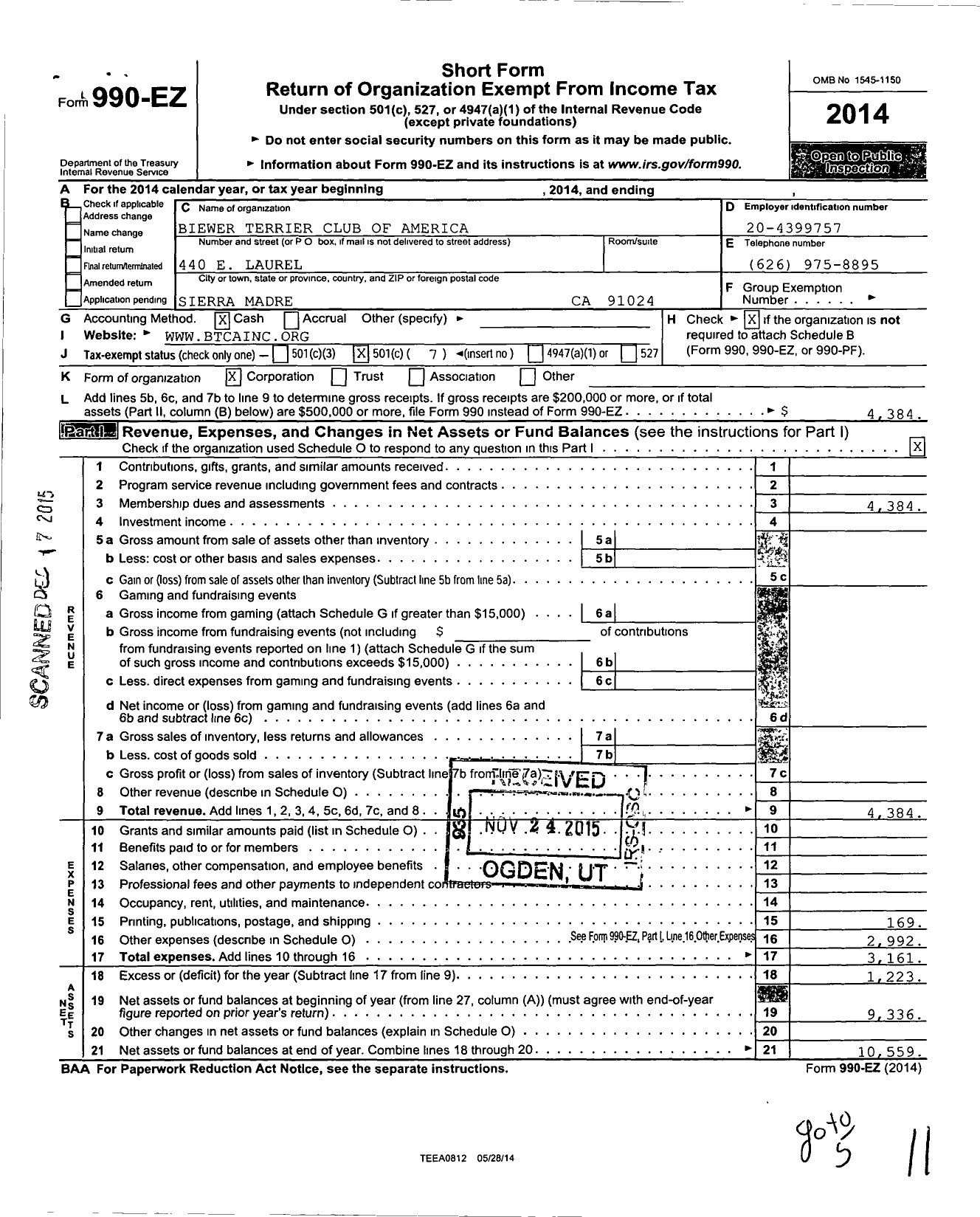 Image of first page of 2014 Form 990EO for Biewer Terrier Club of America