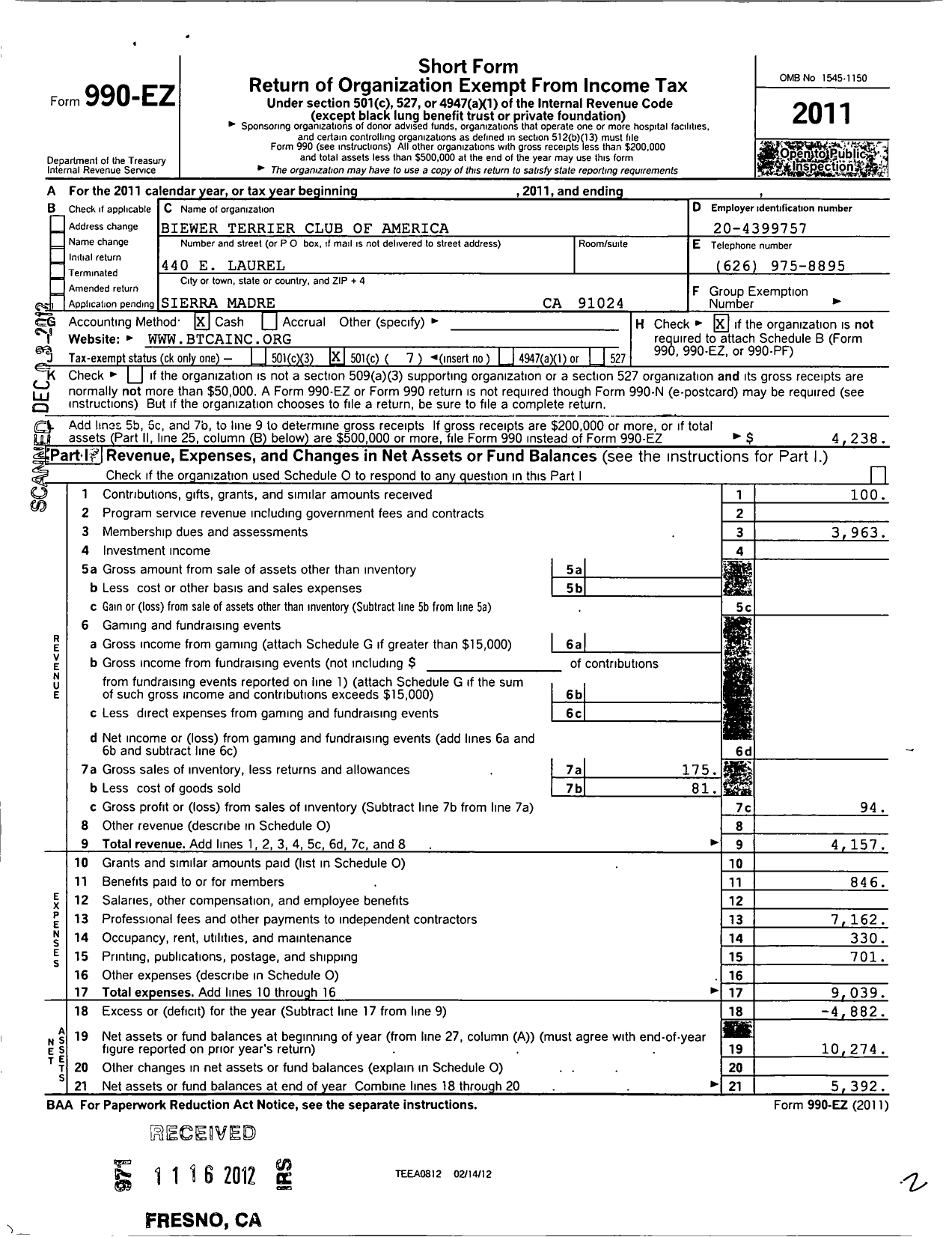 Image of first page of 2011 Form 990EO for Biewer Terrier Club of America