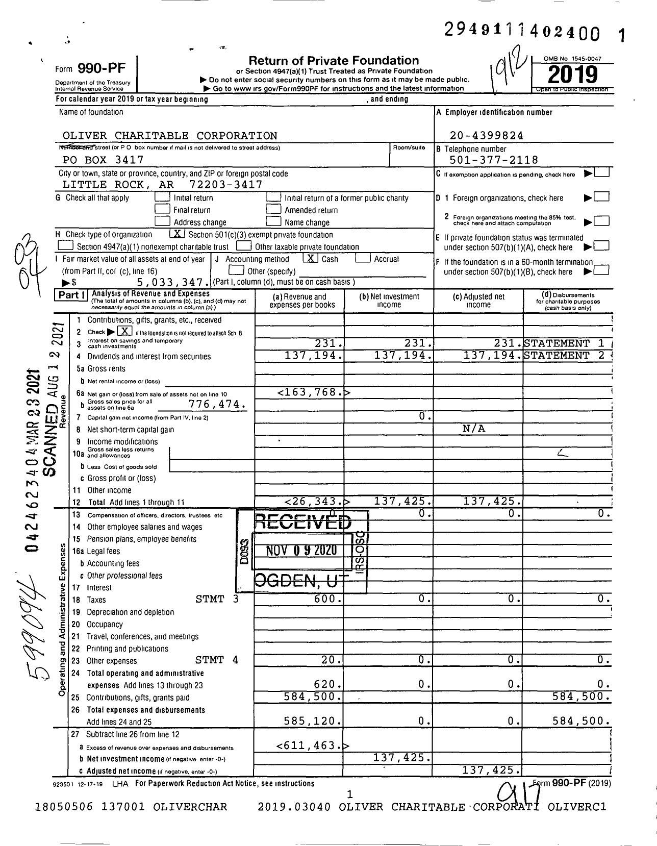 Image of first page of 2019 Form 990PF for Oliver Charitable Corporation