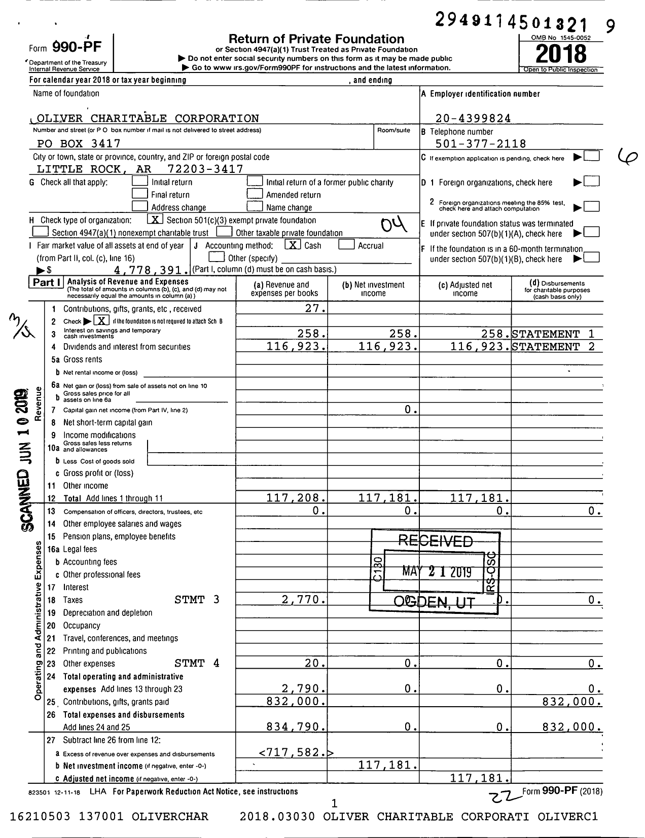 Image of first page of 2018 Form 990PF for Oliver Charitable Corporation