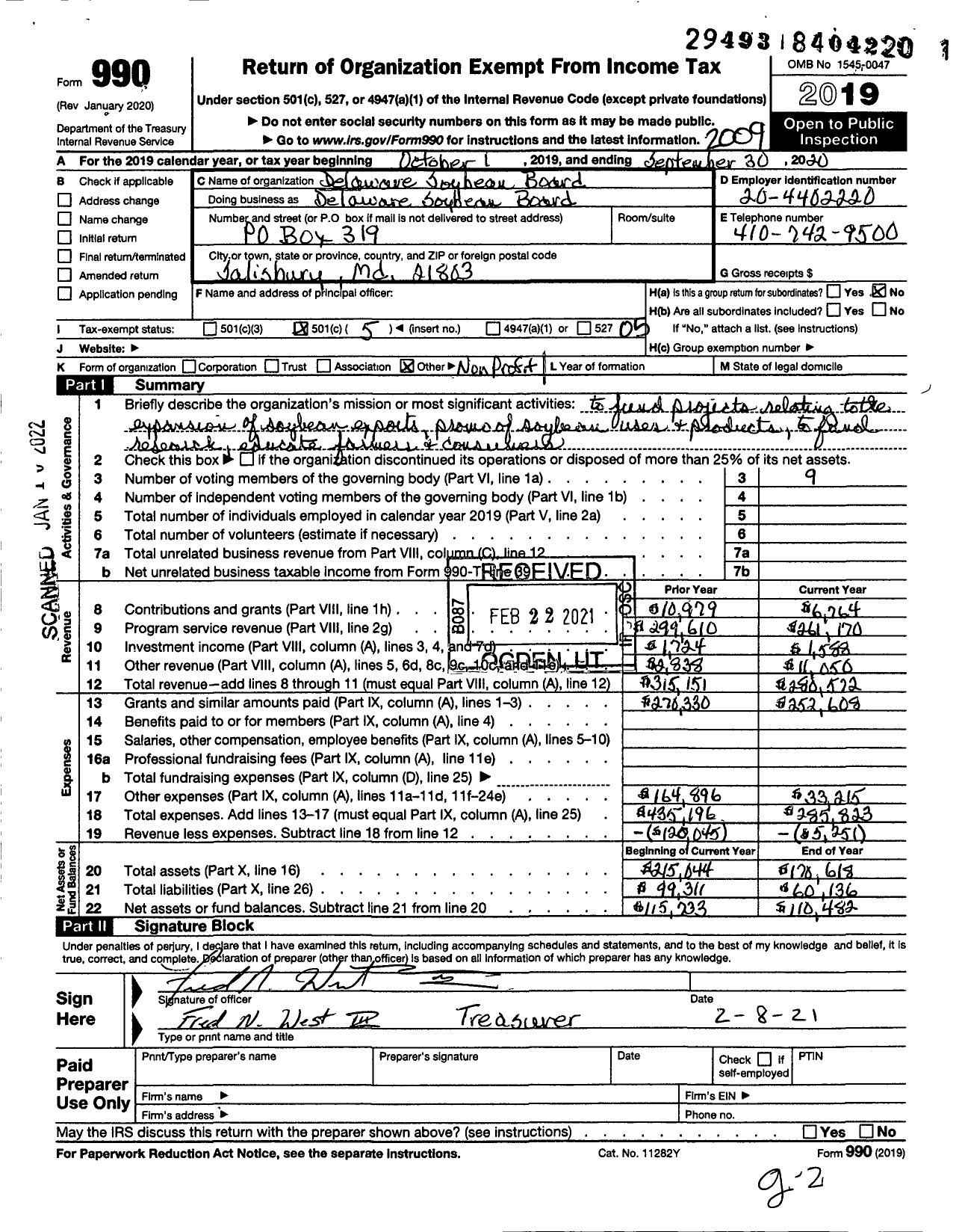 Image of first page of 2019 Form 990O for Delaware Soybean Board