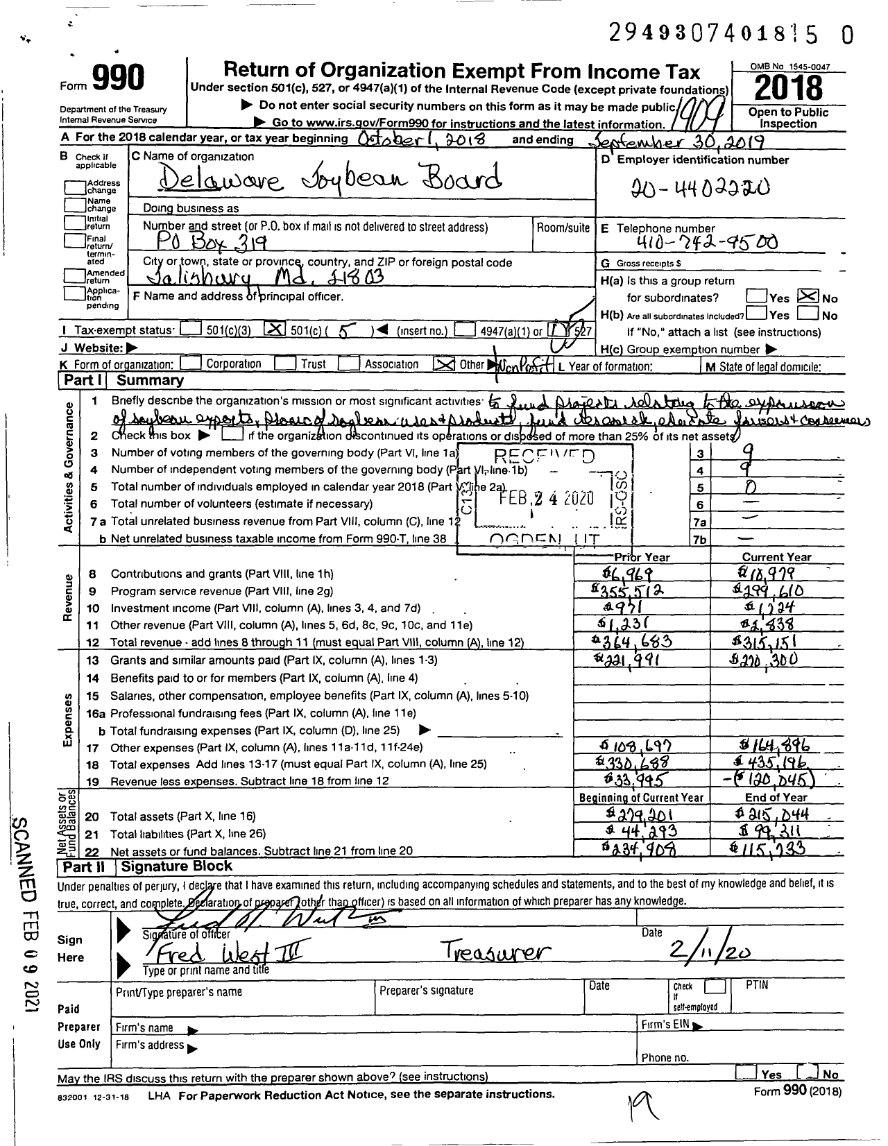 Image of first page of 2018 Form 990O for Delaware Soybean Board