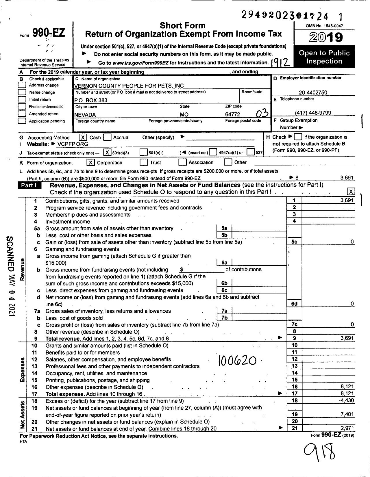 Image of first page of 2019 Form 990EZ for Vernon County People for Pets