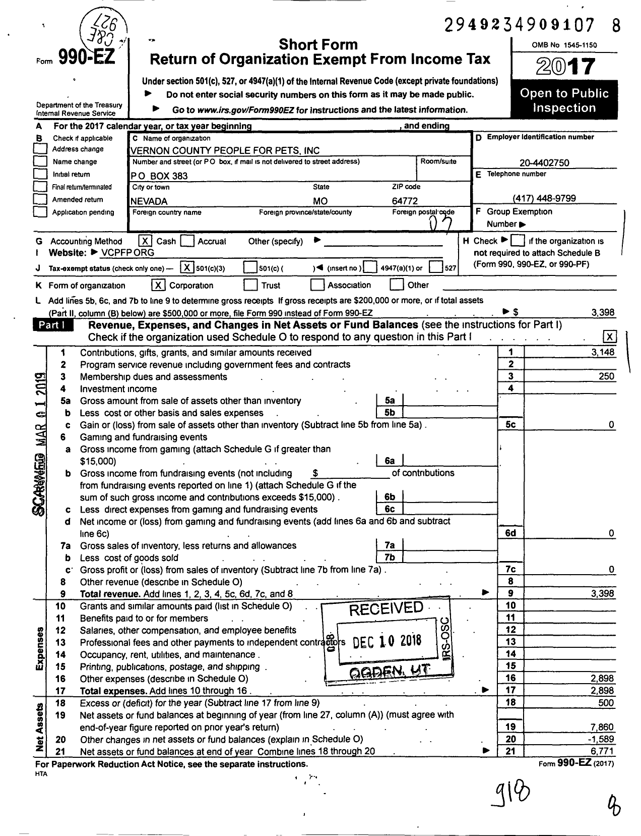 Image of first page of 2017 Form 990EZ for Vernon County People for Pets