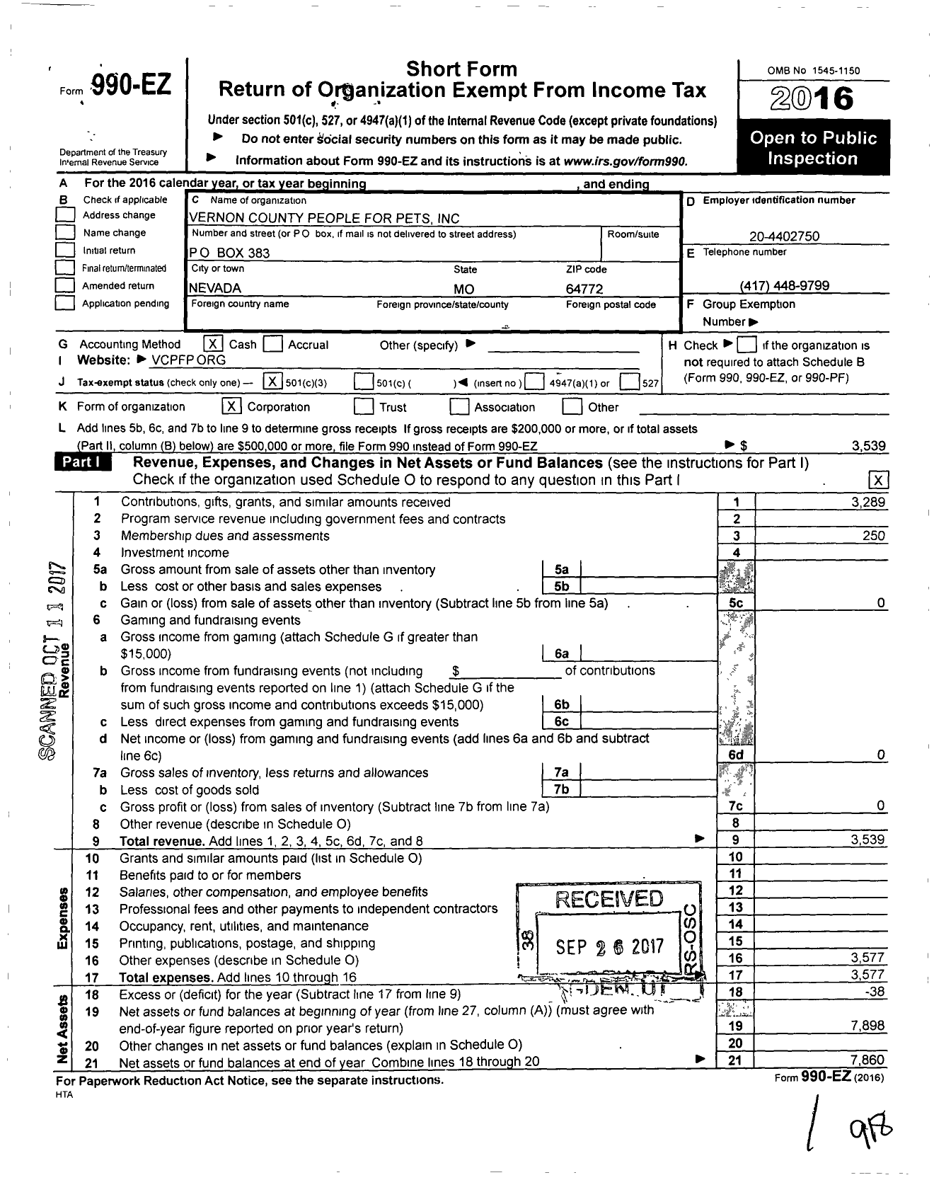 Image of first page of 2016 Form 990EZ for Vernon County People for Pets