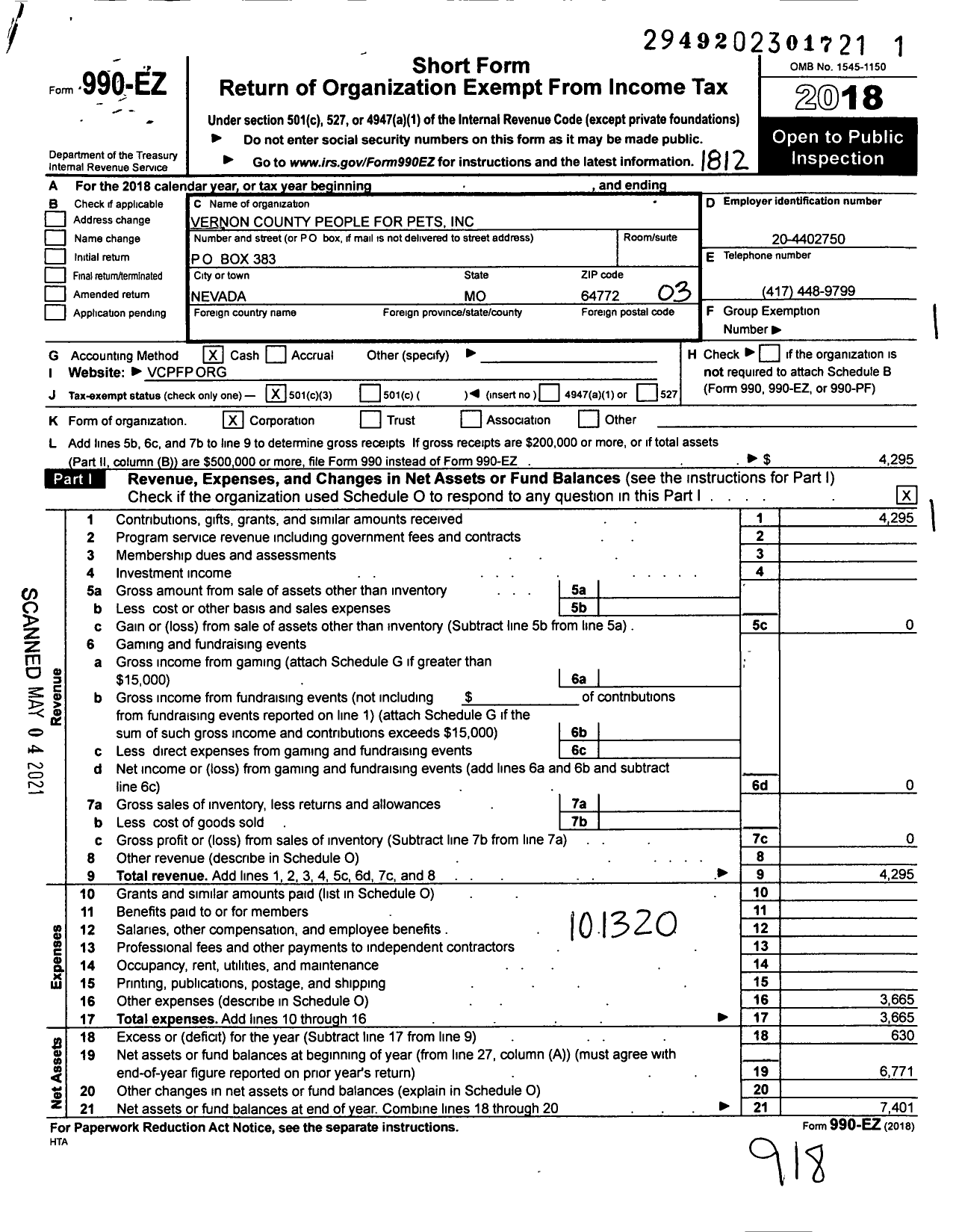 Image of first page of 2018 Form 990EZ for Vernon County People for Pets