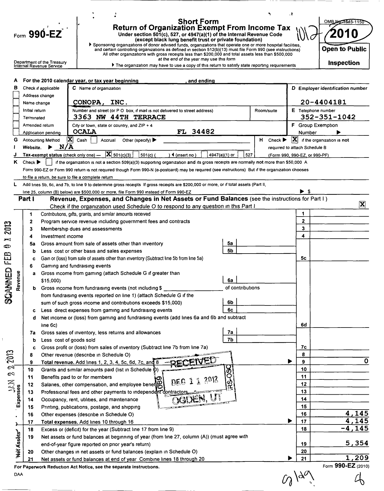 Image of first page of 2010 Form 990EZ for Conopa