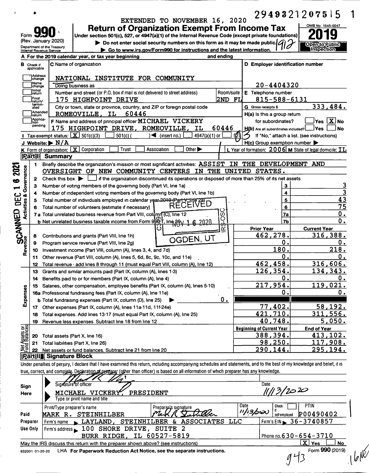 Image of first page of 2019 Form 990 for National Institute for Community