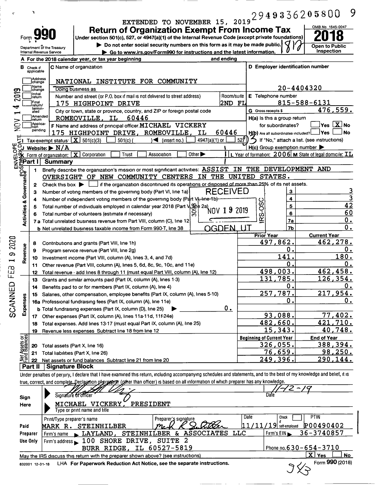 Image of first page of 2018 Form 990 for National Institute for Community