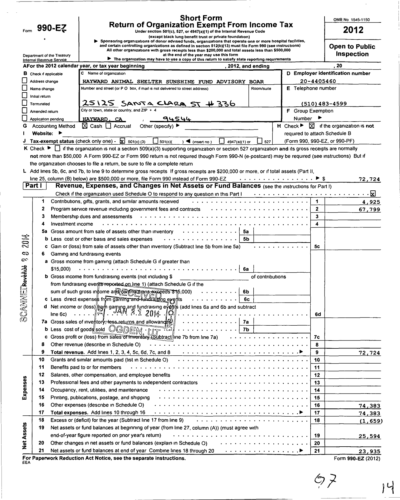 Image of first page of 2012 Form 990EZ for Hayward Aminal Shelter