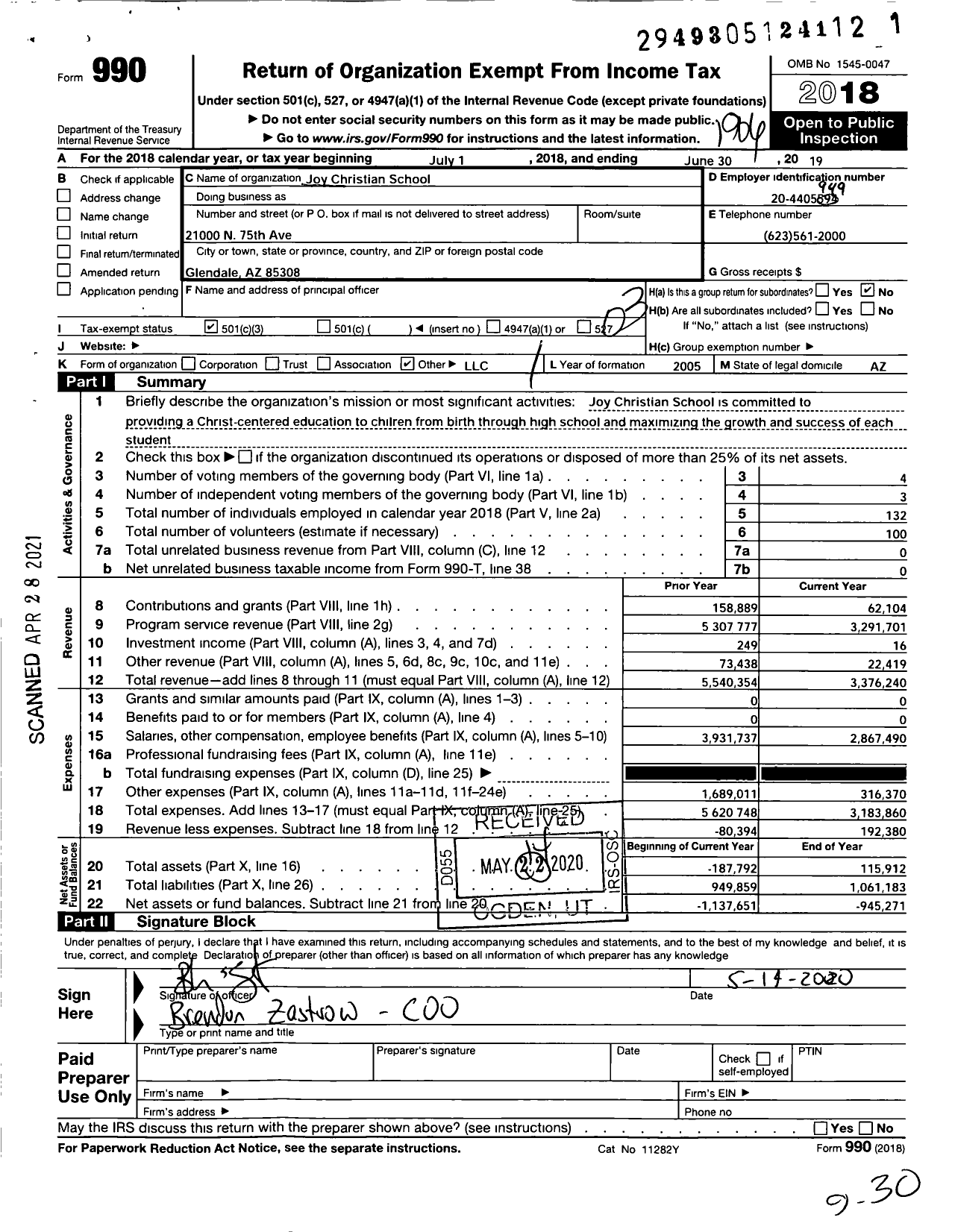 Image of first page of 2018 Form 990 for Joy Christian School