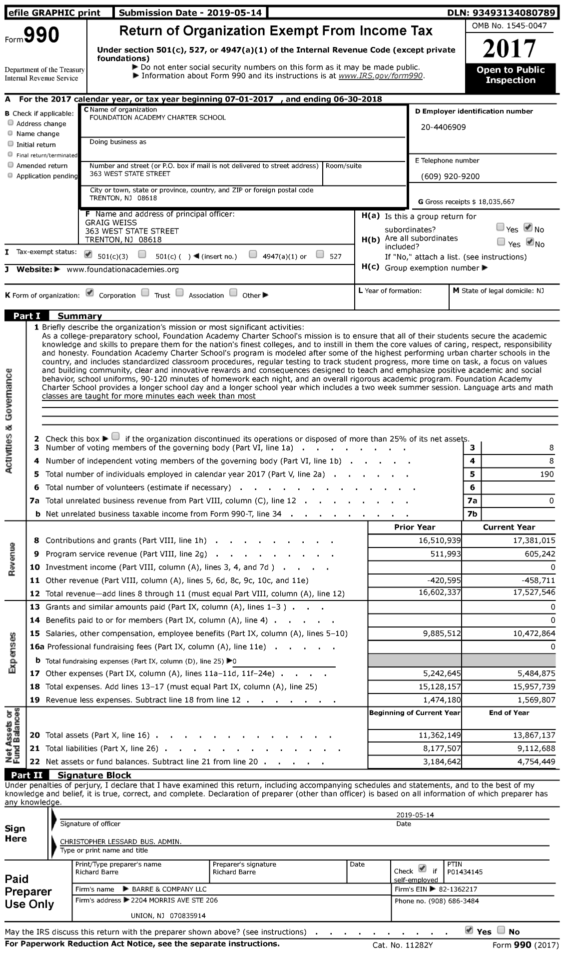 Image of first page of 2017 Form 990 for Foundation Academies
