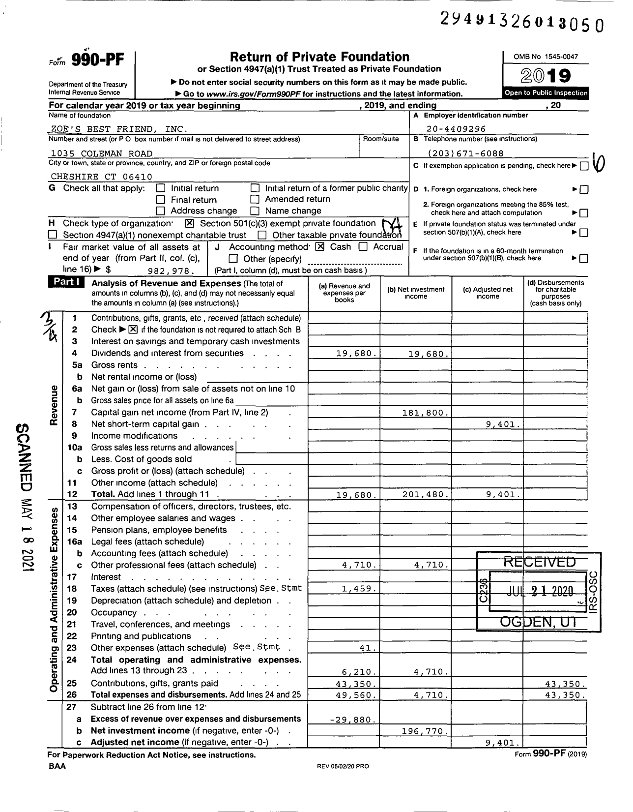 Image of first page of 2019 Form 990PF for Zoe's Best Friend