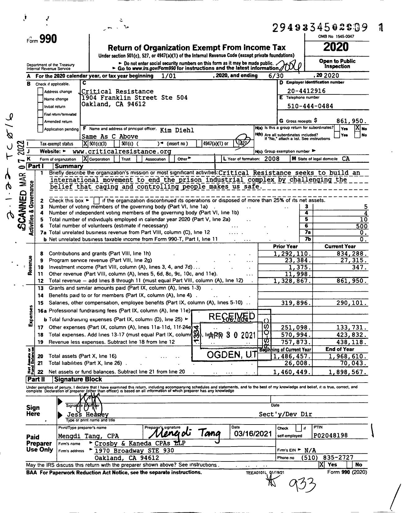 Image of first page of 2019 Form 990 for Critical Resistance