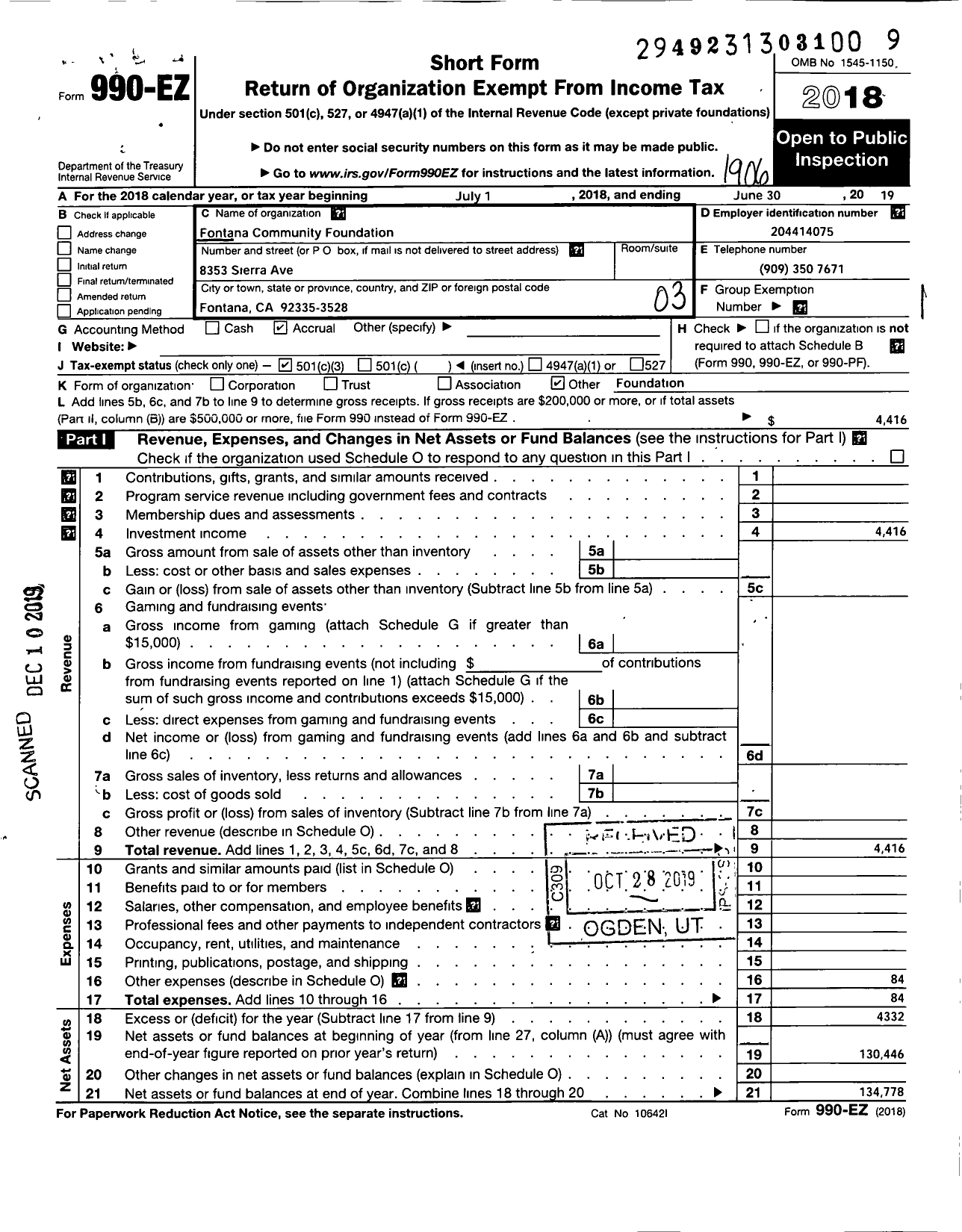 Image of first page of 2018 Form 990EZ for Fontana Community Foundation