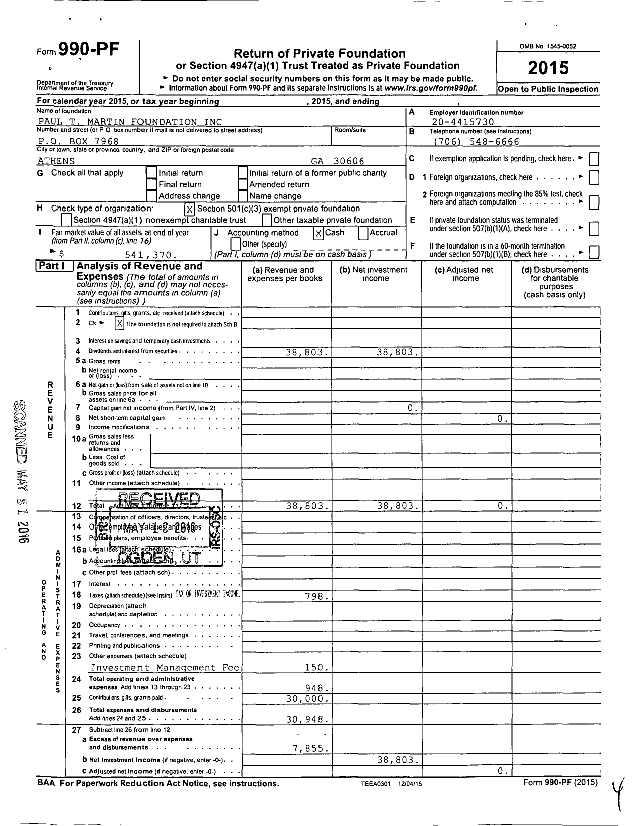 Image of first page of 2015 Form 990PF for Paul T Martin Foundation