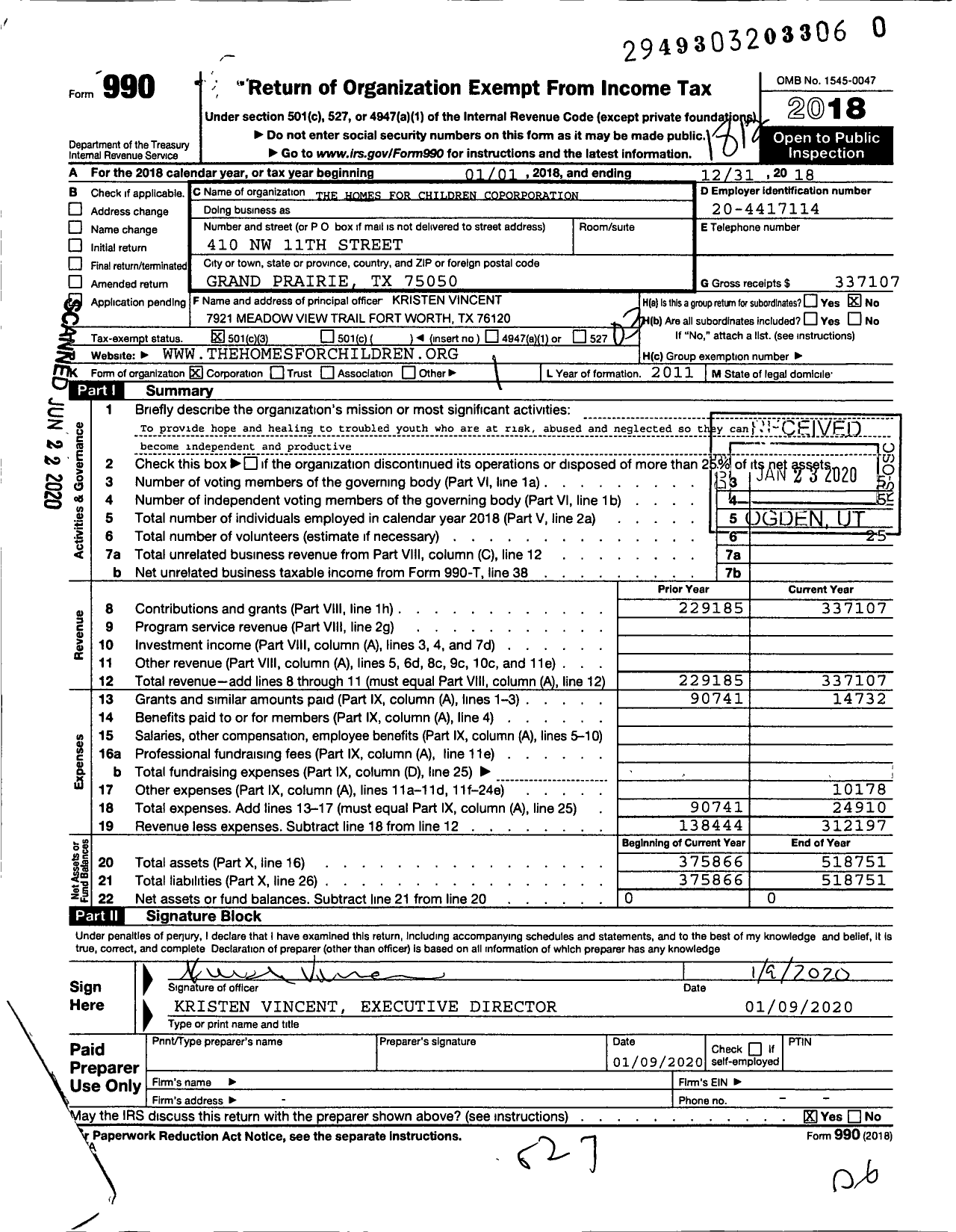 Image of first page of 2018 Form 990 for Homes for Children Corporation