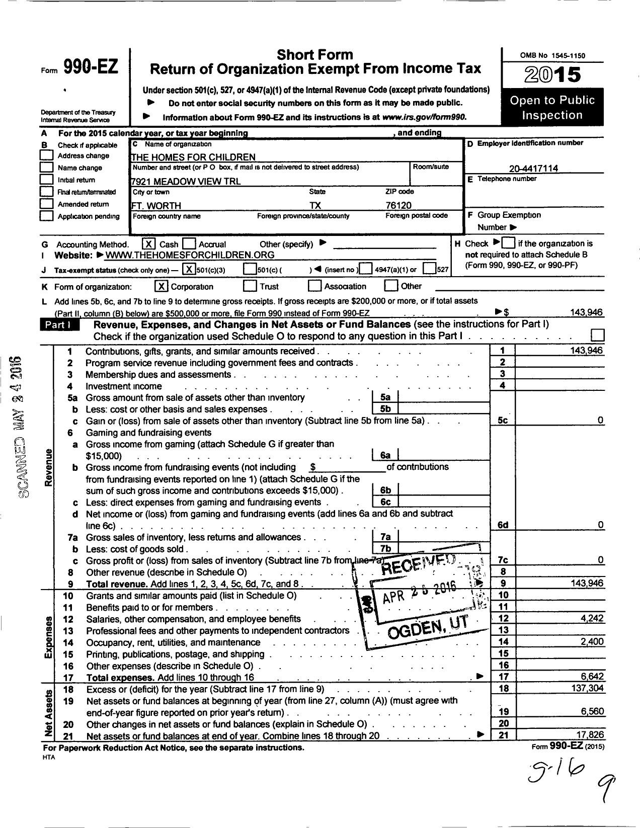 Image of first page of 2015 Form 990EZ for Homes for Children Corporation