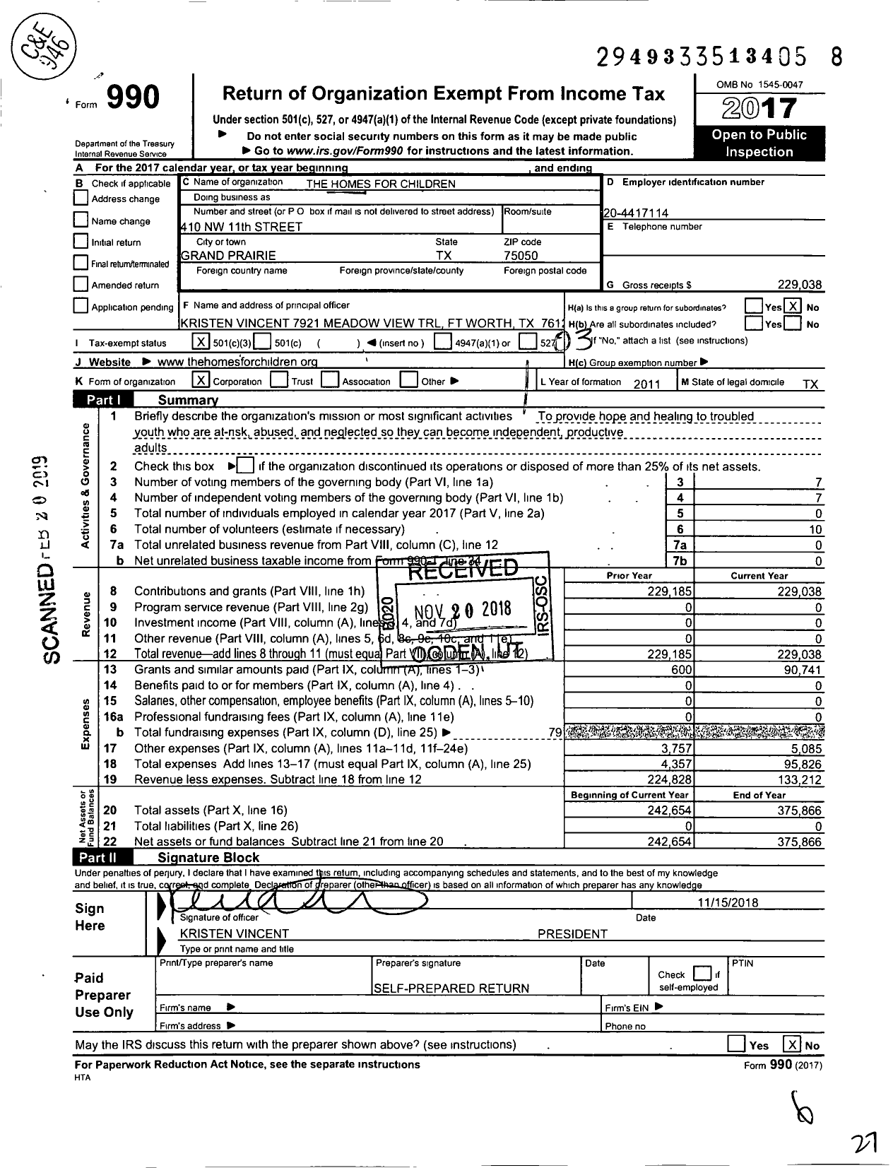 Image of first page of 2017 Form 990 for Homes for Children Corporation