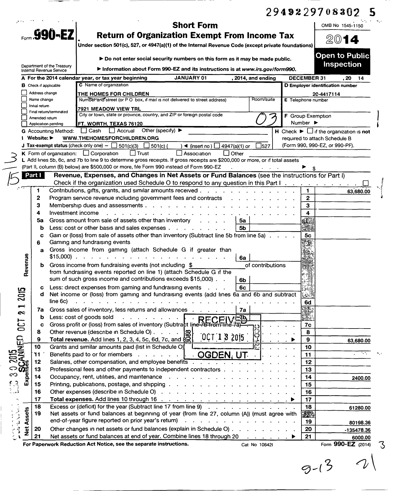 Image of first page of 2014 Form 990EO for Homes for Children Corporation