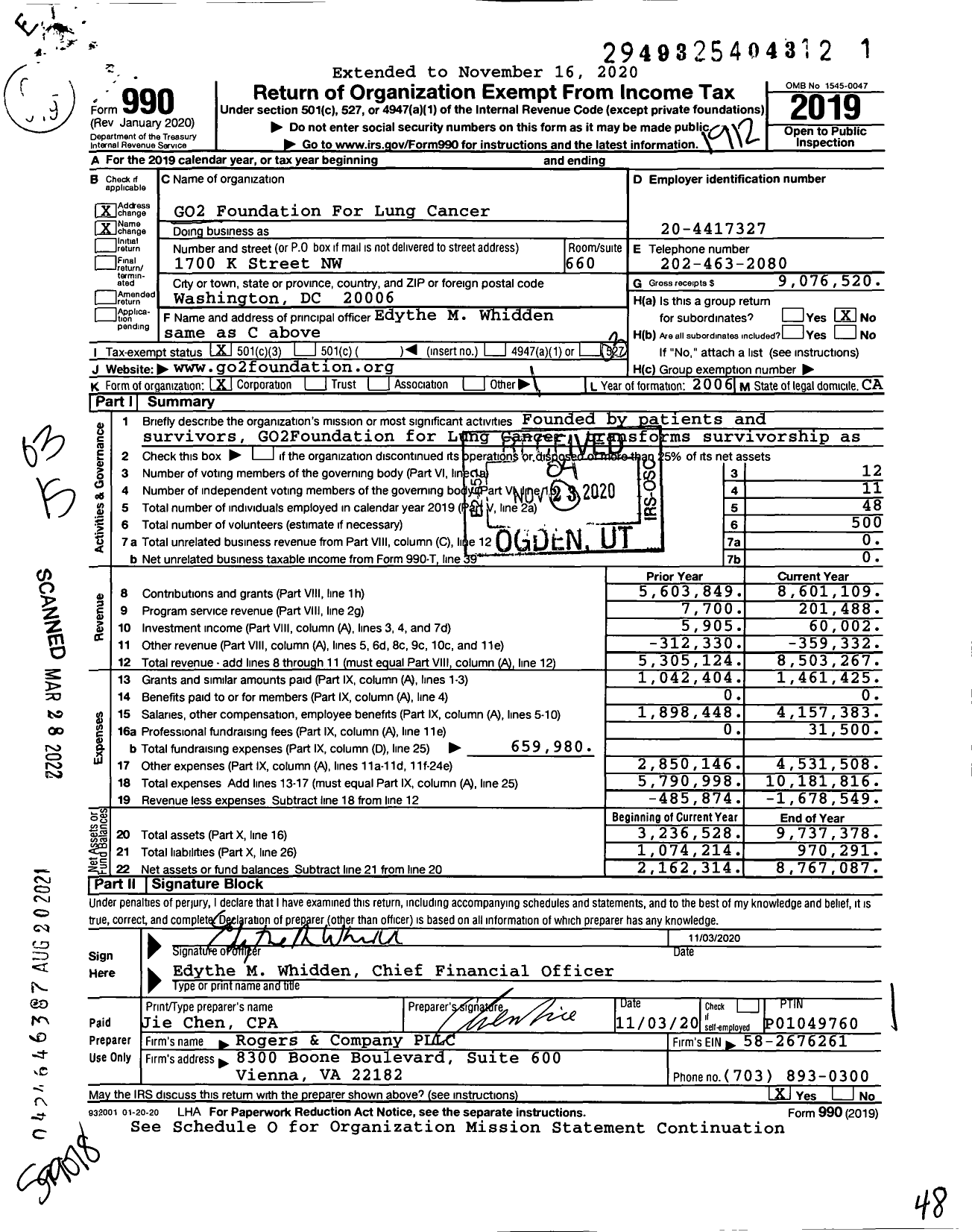 Image of first page of 2019 Form 990 for GO2 For Lung Cancer (ALCF)