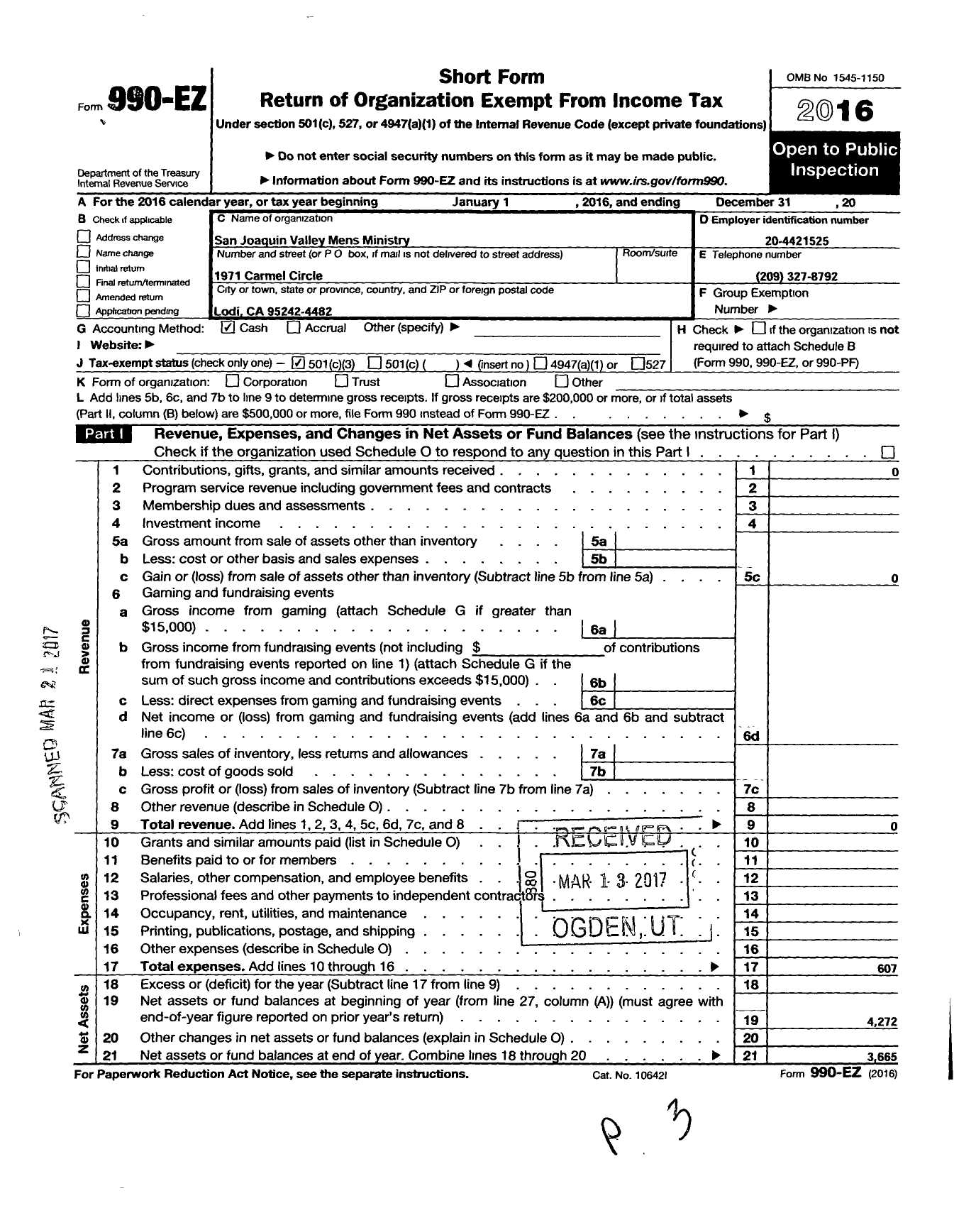 Image of first page of 2016 Form 990EZ for San Joaquin Valley Mens Ministry