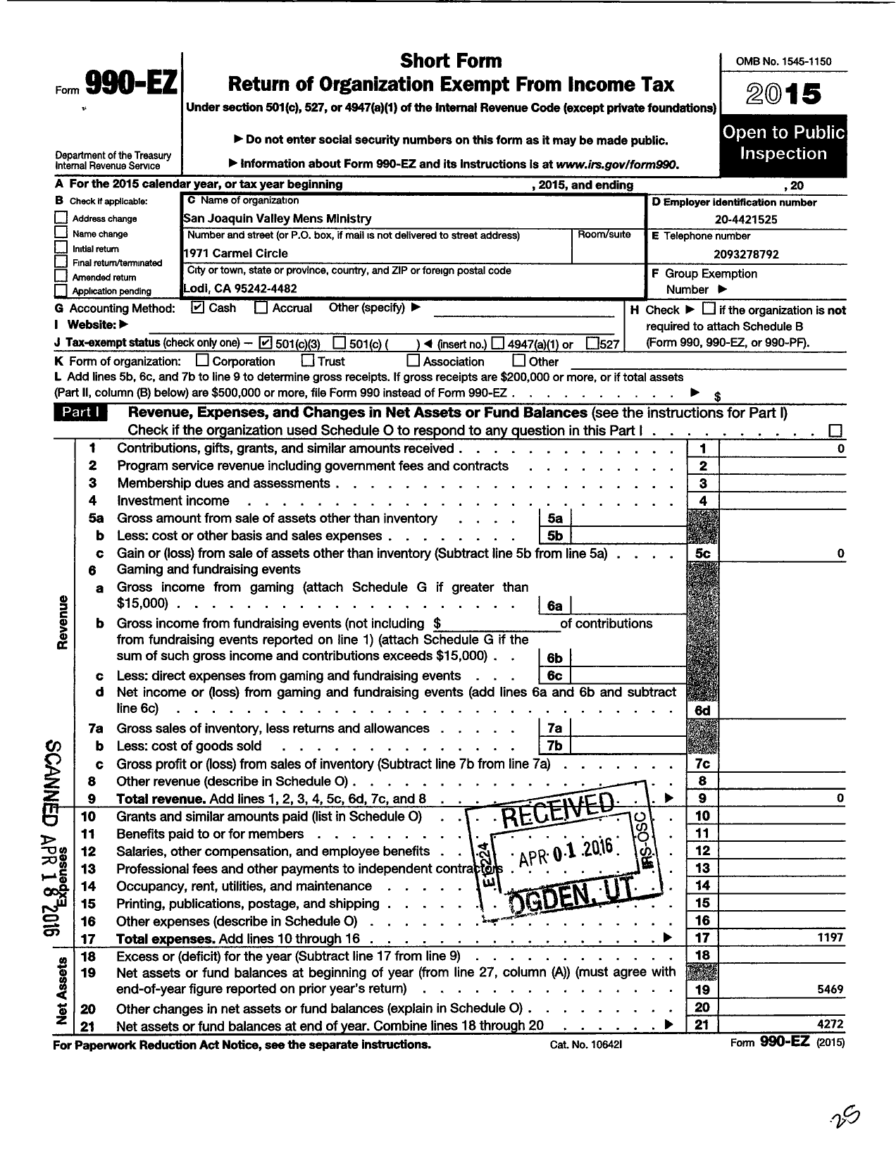 Image of first page of 2015 Form 990EZ for San Joaquin Valley Mens Ministry