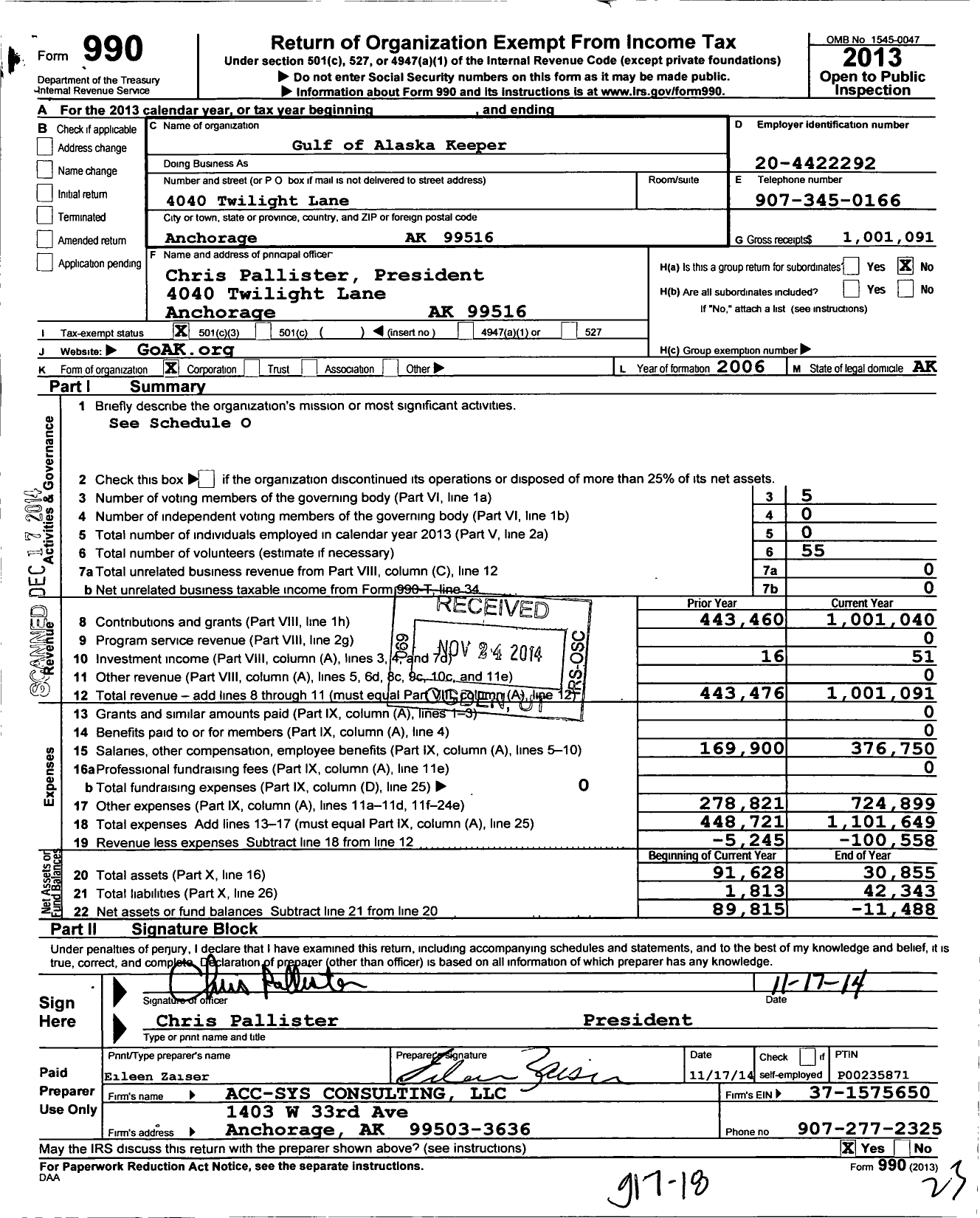 Image of first page of 2013 Form 990 for Gulf of Alaska Keeper Inc Gulf of Alaska Keeper