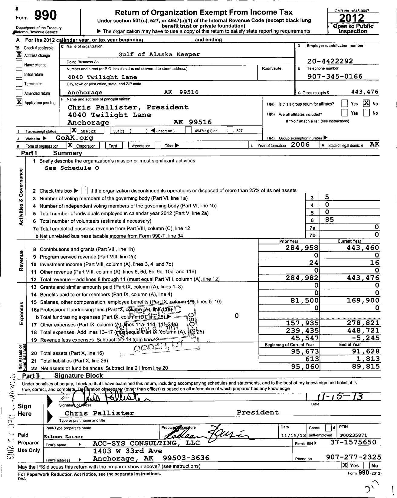 Image of first page of 2012 Form 990 for Gulf of Alaska Keeper Inc Gulf of Alaska Keeper