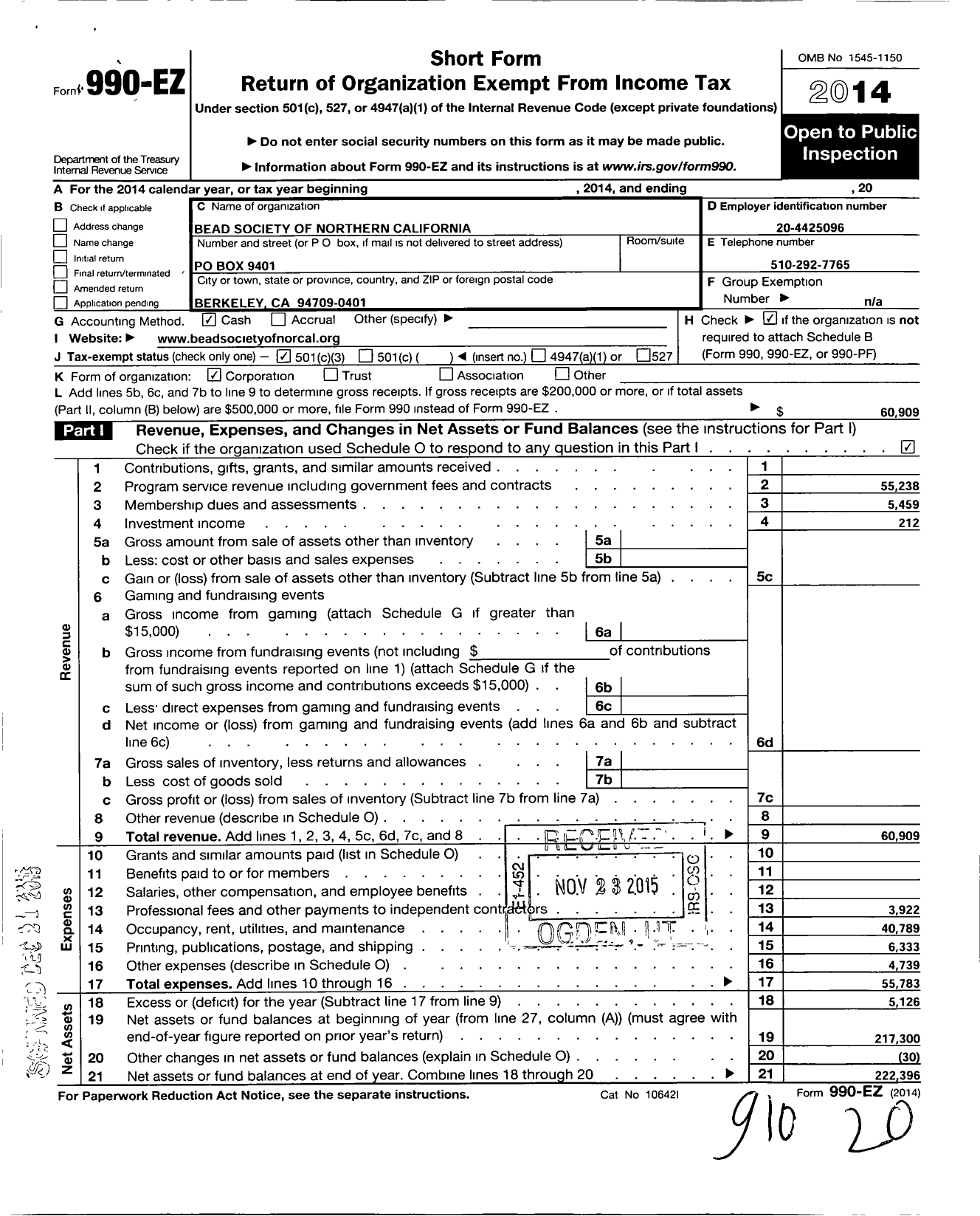 Image of first page of 2014 Form 990EZ for Bead Society of Northern California