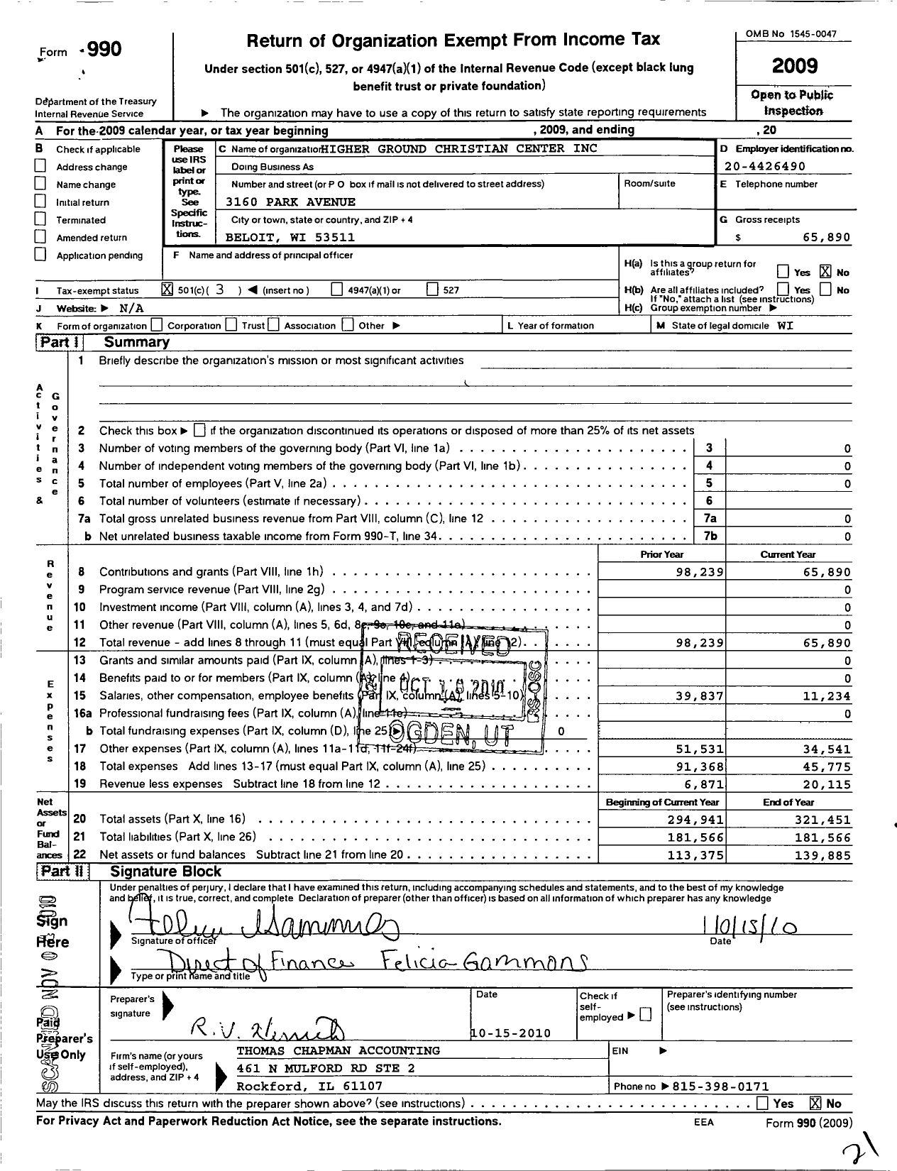 Image of first page of 2009 Form 990 for Higher Ground Christian Center