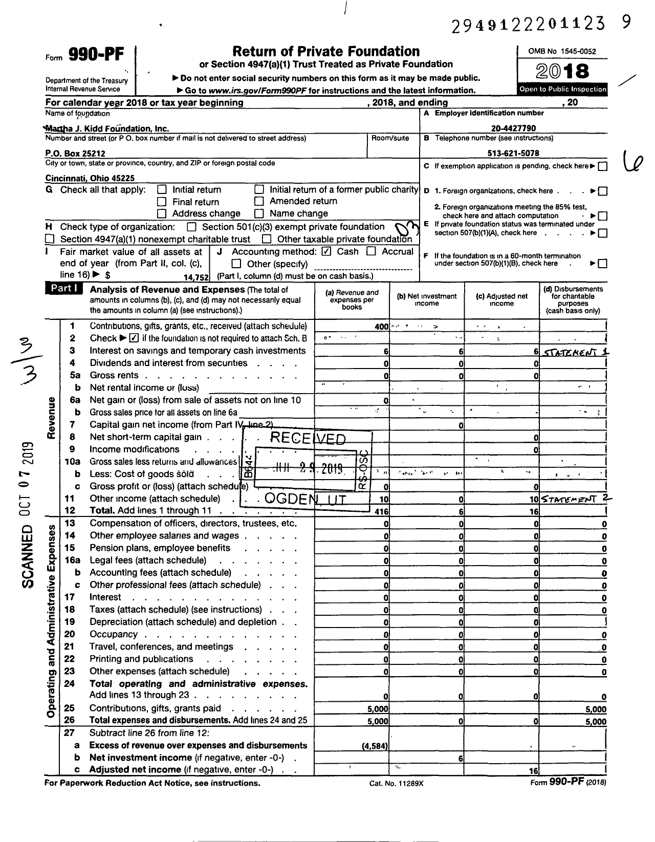 Image of first page of 2018 Form 990PF for Martha J Kidd Foundation