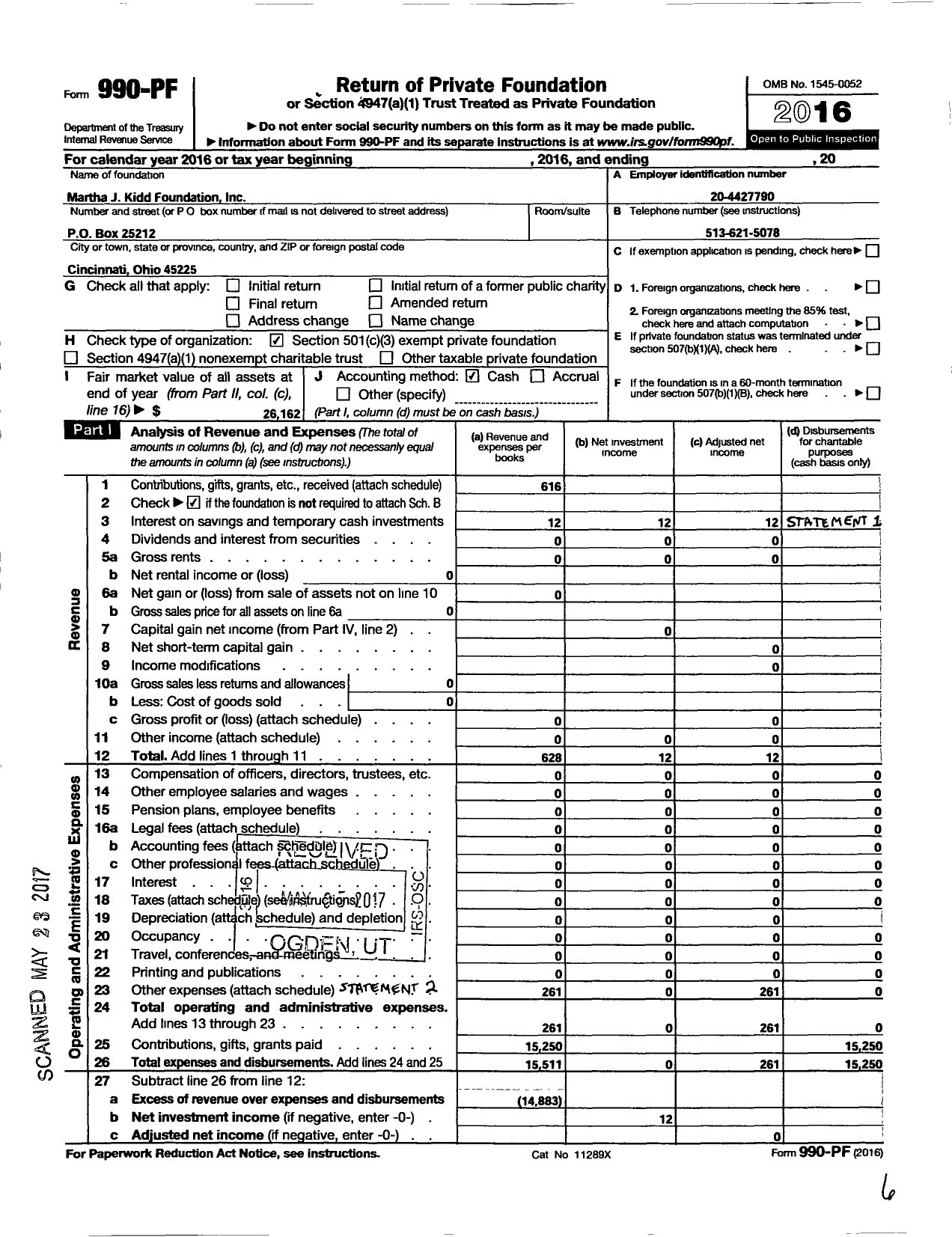 Image of first page of 2016 Form 990PF for Martha J Kidd Foundation