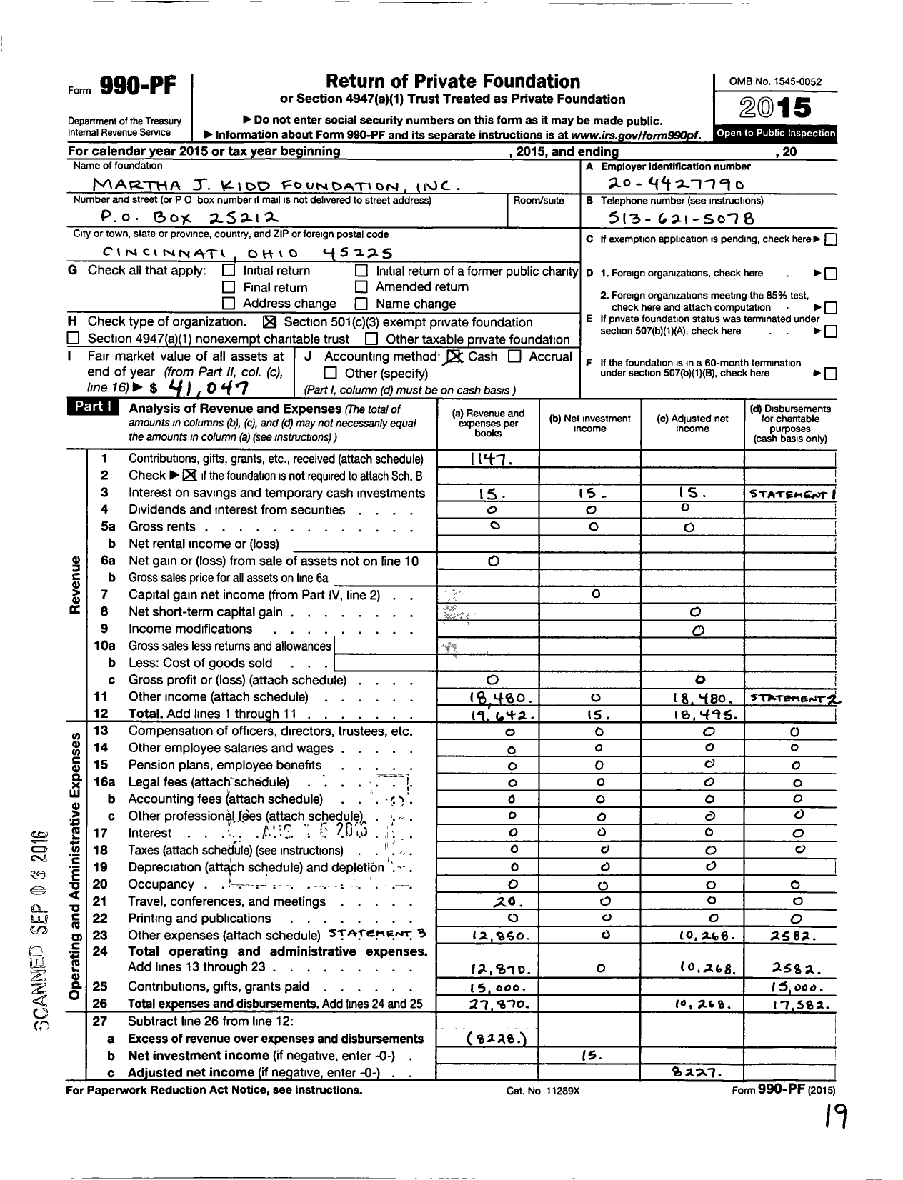 Image of first page of 2015 Form 990PF for Martha J Kidd Foundation