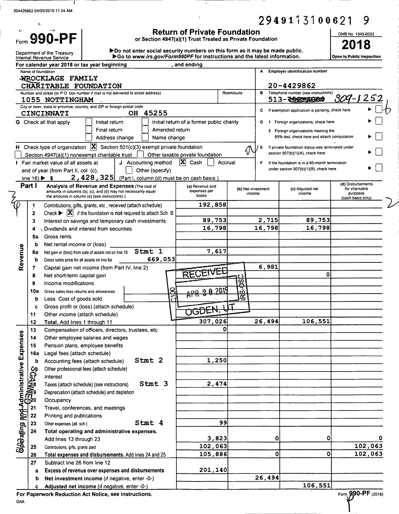 Image of first page of 2018 Form 990PF for Wrocklage Family Charitable Foundation