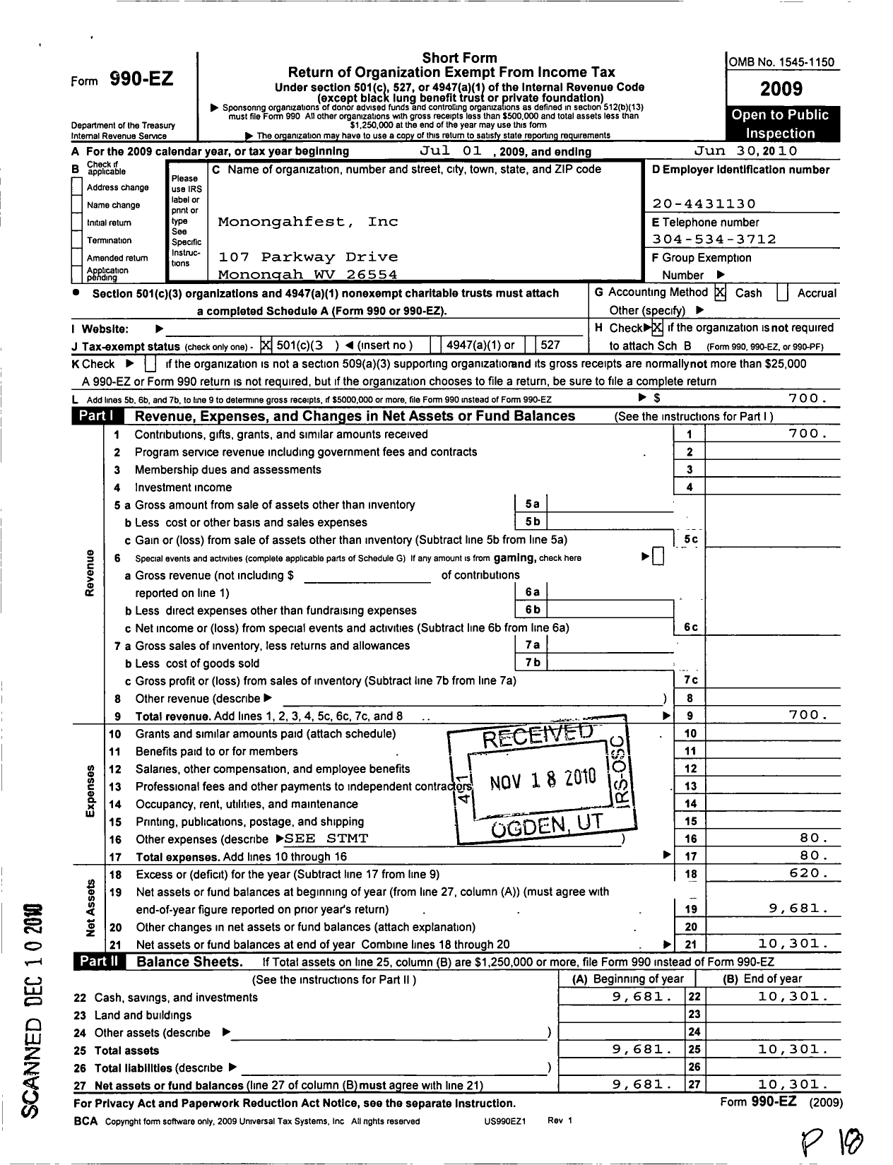 Image of first page of 2009 Form 990EZ for Monongahfest Incorporated