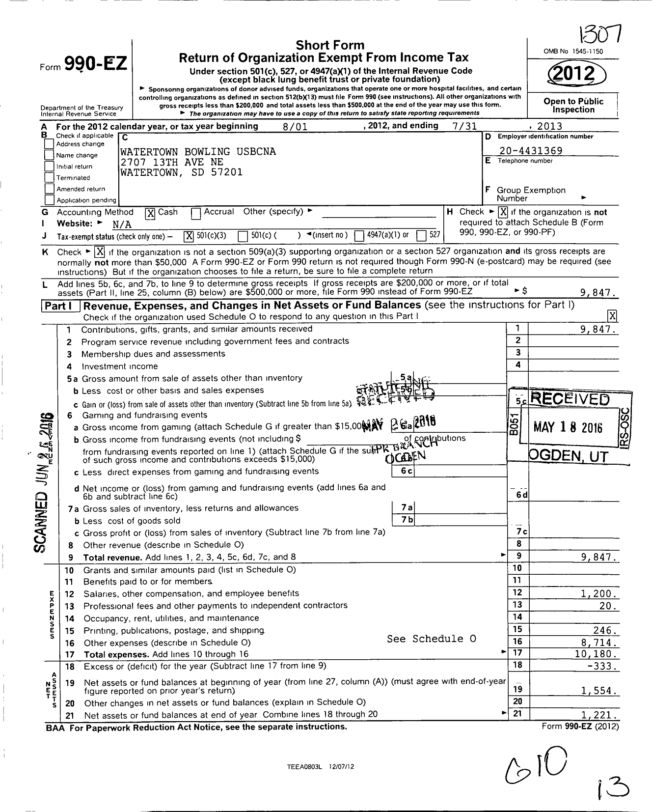 Image of first page of 2012 Form 990EZ for Watertown Bowling Usbc Ba Association