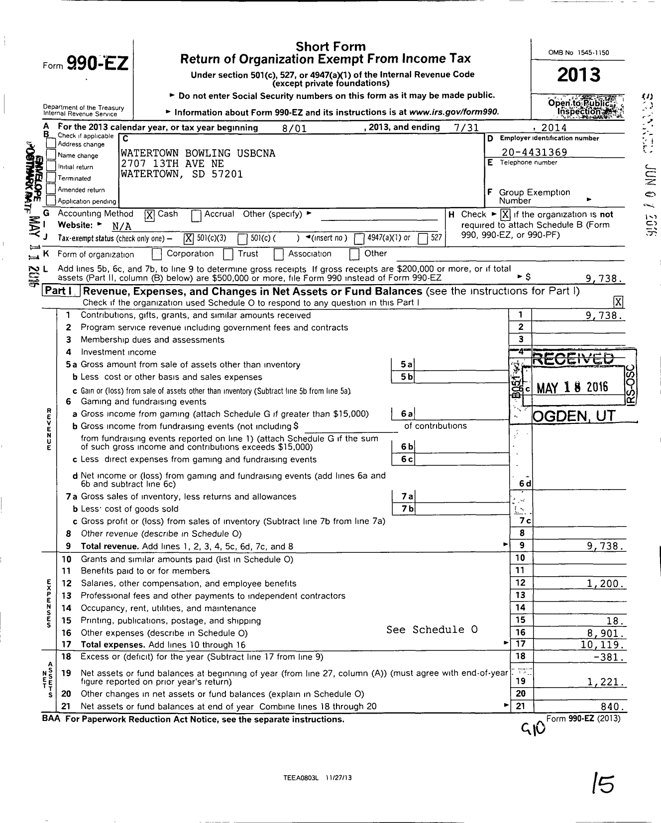 Image of first page of 2013 Form 990EZ for Watertown Bowling Usbc Ba Association