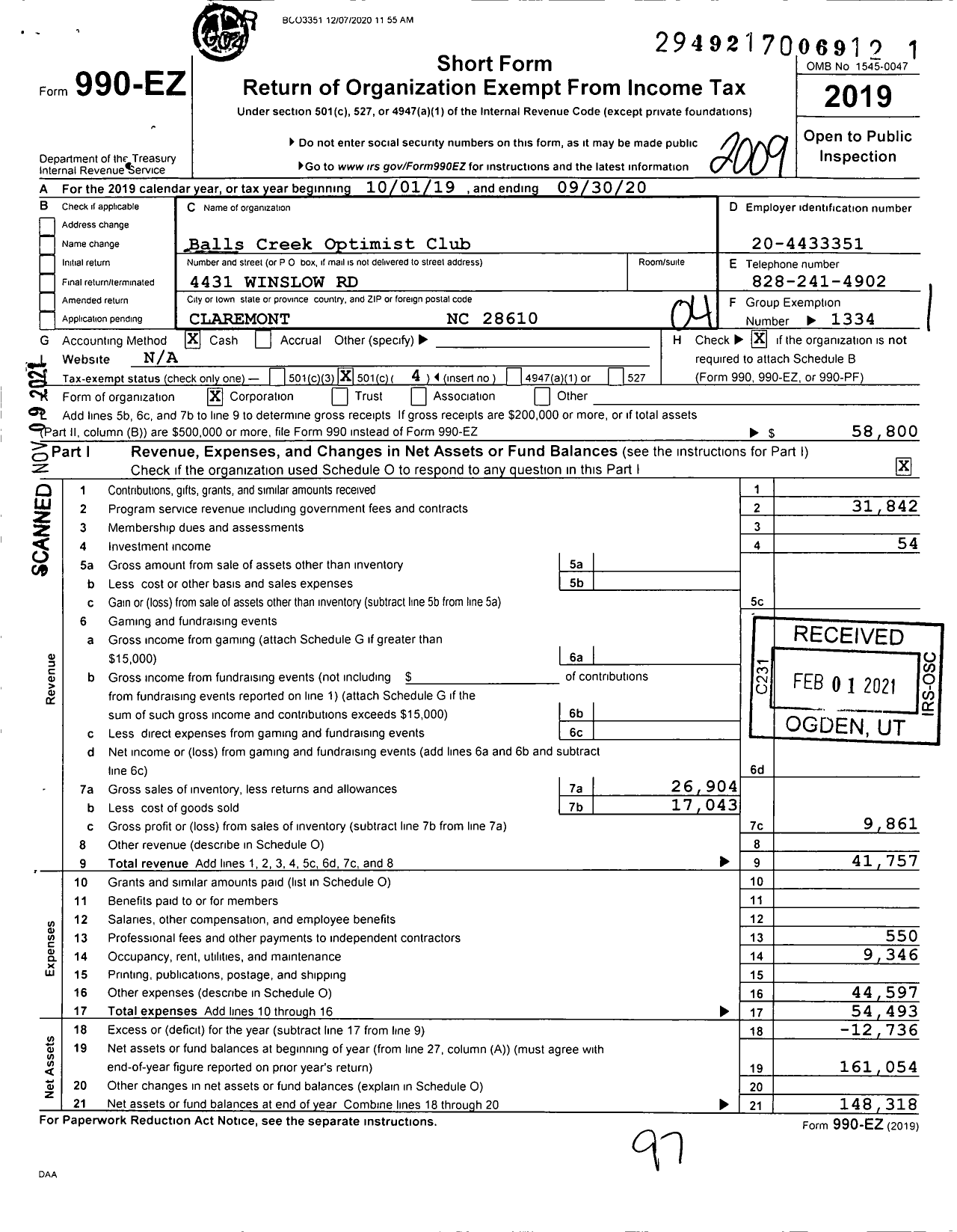 Image of first page of 2019 Form 990EO for Balls Creek Optimist Club