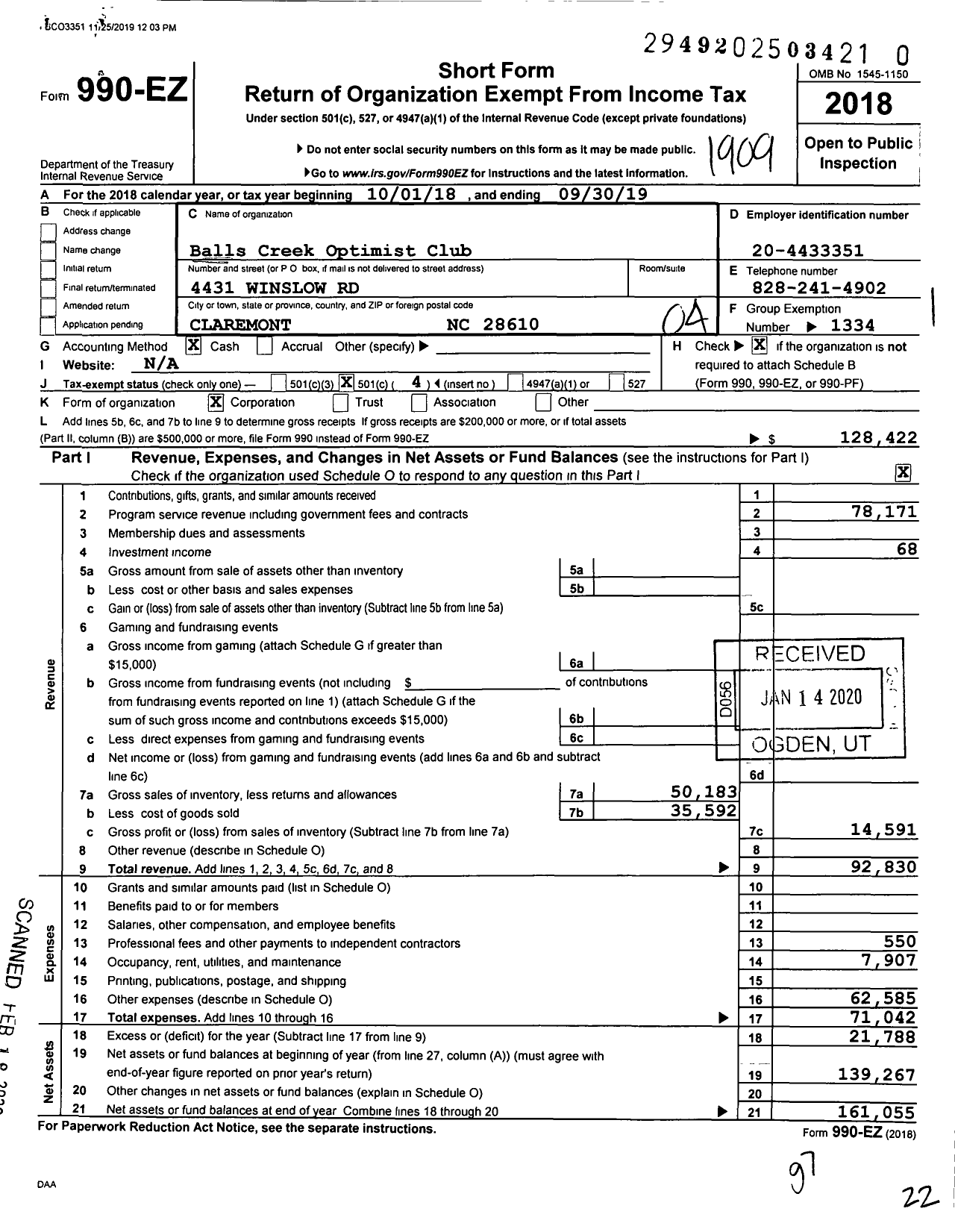 Image of first page of 2018 Form 990EO for Balls Creek Optimist Club