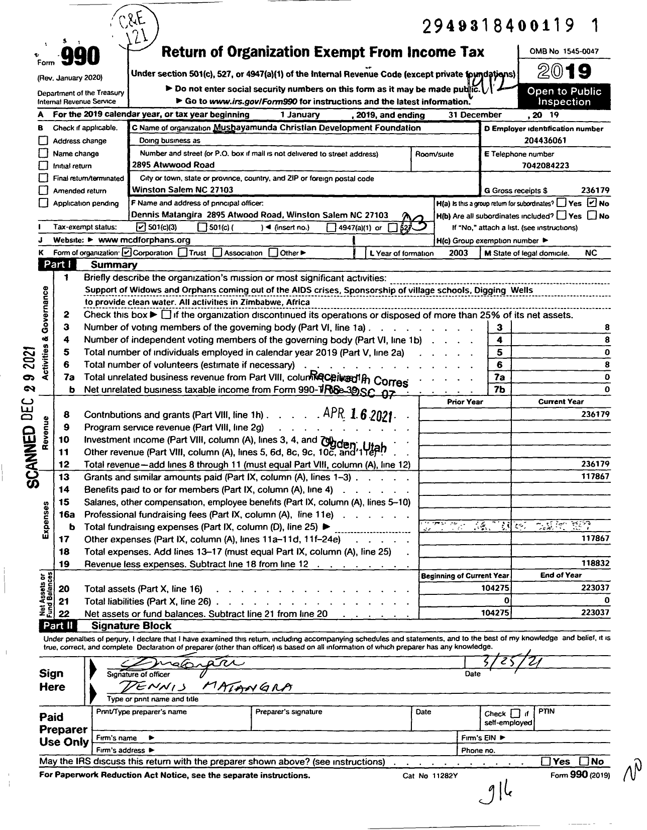 Image of first page of 2019 Form 990 for Mushayamunda Christian Development Foundation